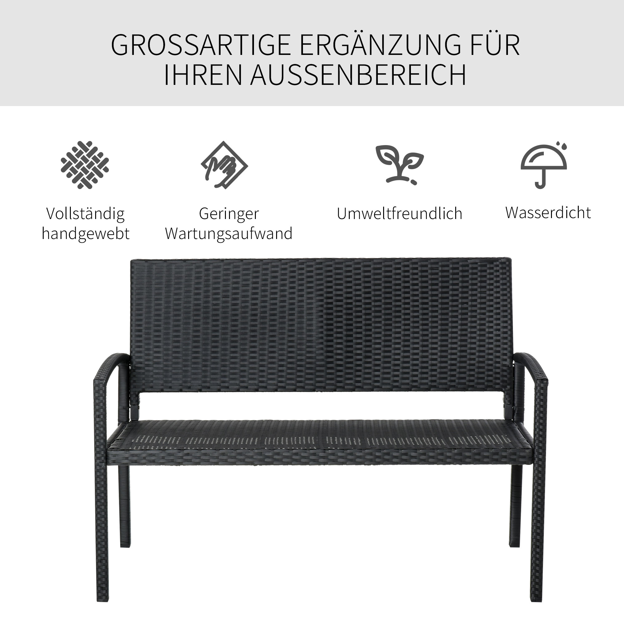 Gartenbank, in Rattanoptik, mit Stahlrahmen, für 2 Personen, Schwarz, 122 x 60 x 85cm
