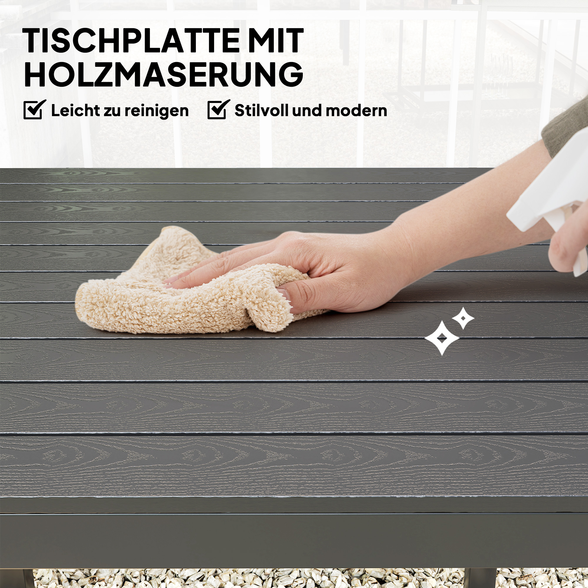 Gartentisch Aluminium 73x73 cm Wetterfest Buffettisch mit Holzoptik, Campingtisch für 4 Personen Schwarz