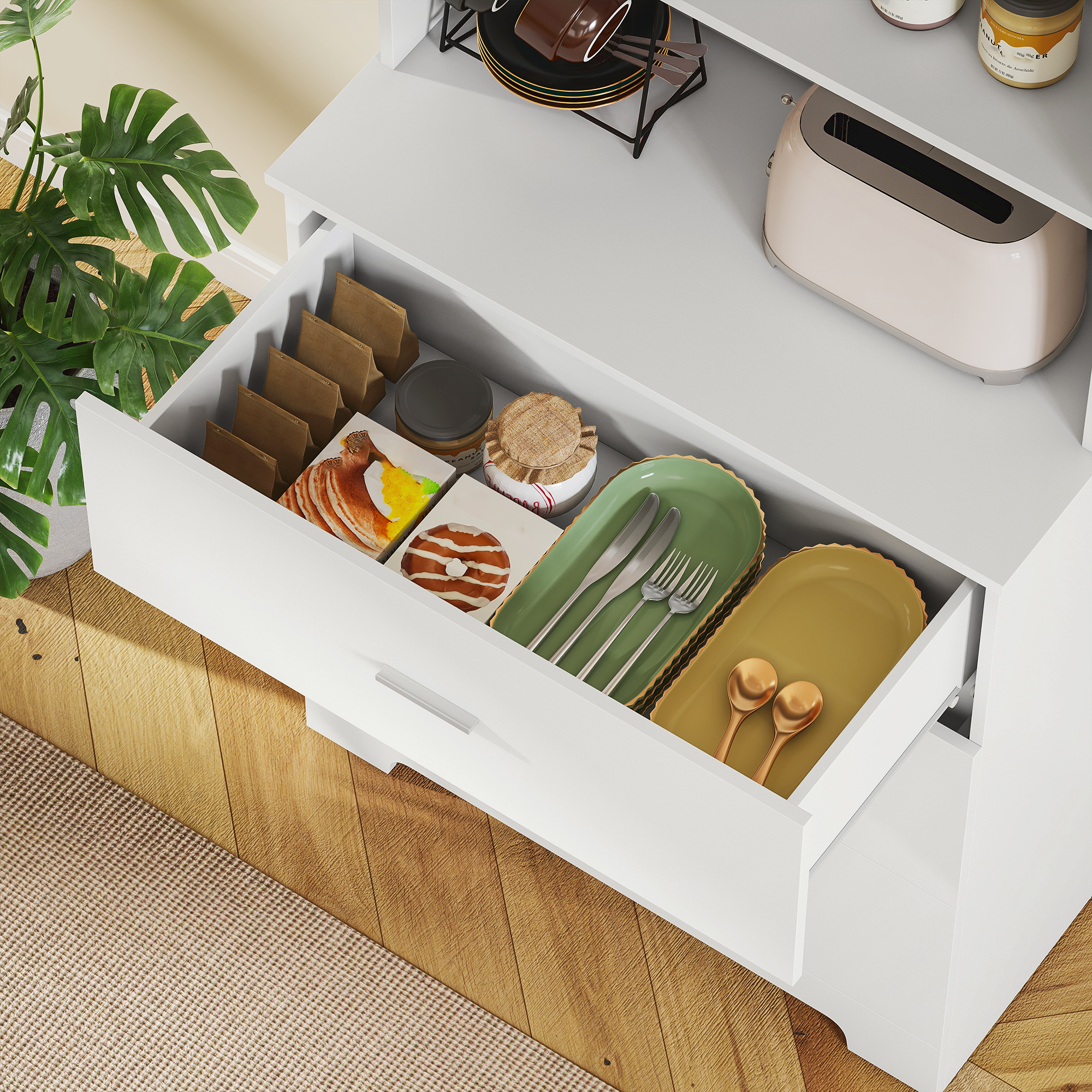 Bücherschrank Hochschrank Vitrinenschrank mit 3 Schubladen, 3 offen Regalen, für Wohnzimmer Küche, 79x39,5x180 cm, Weiß