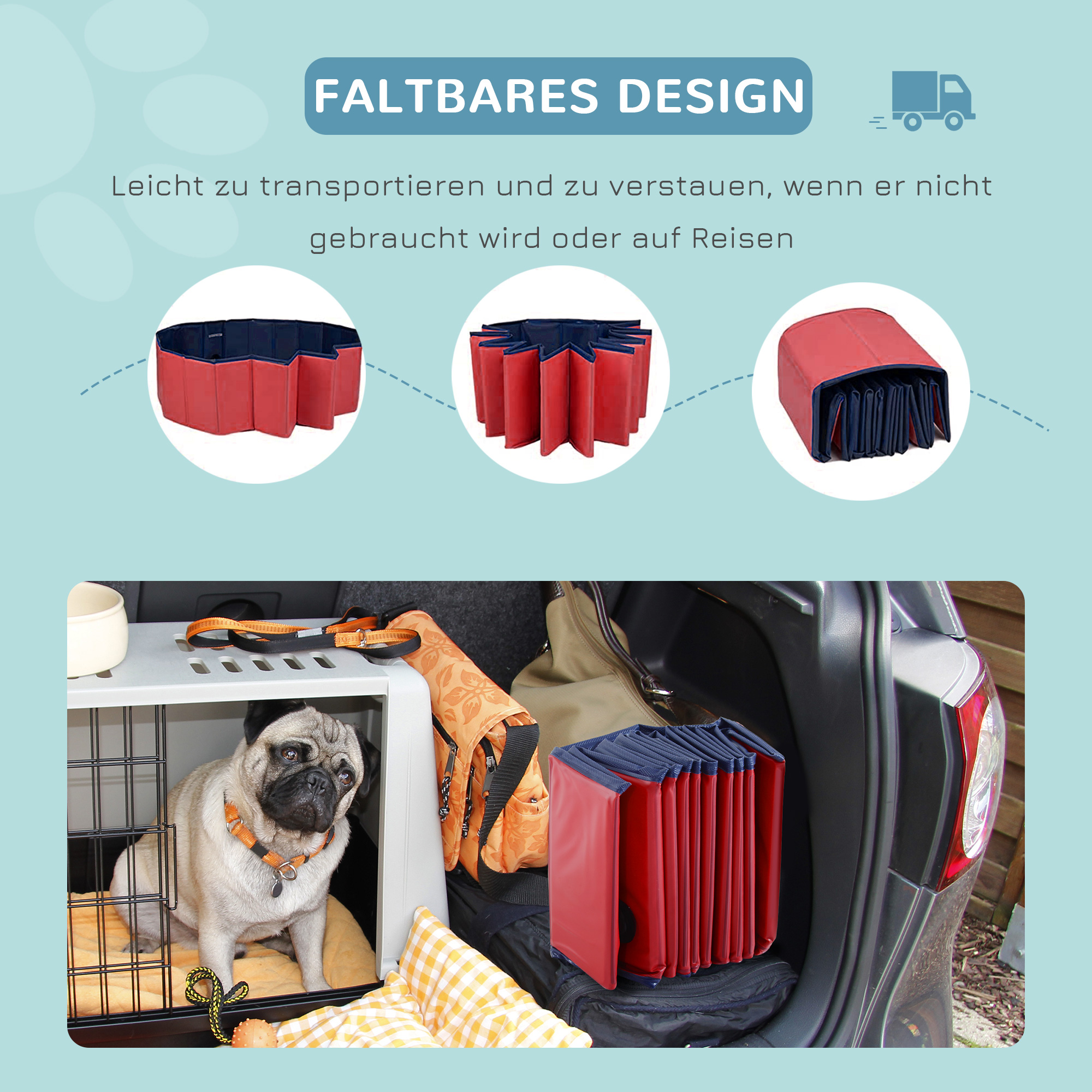 Hundebadewanne faltbar Badewanne Hundepool Plantschbecken Swimmingpool Wasserbecken für Hunde und Katzen Schwimmbecken Kunststoff+Holz Rot Ø140 x H30 cm