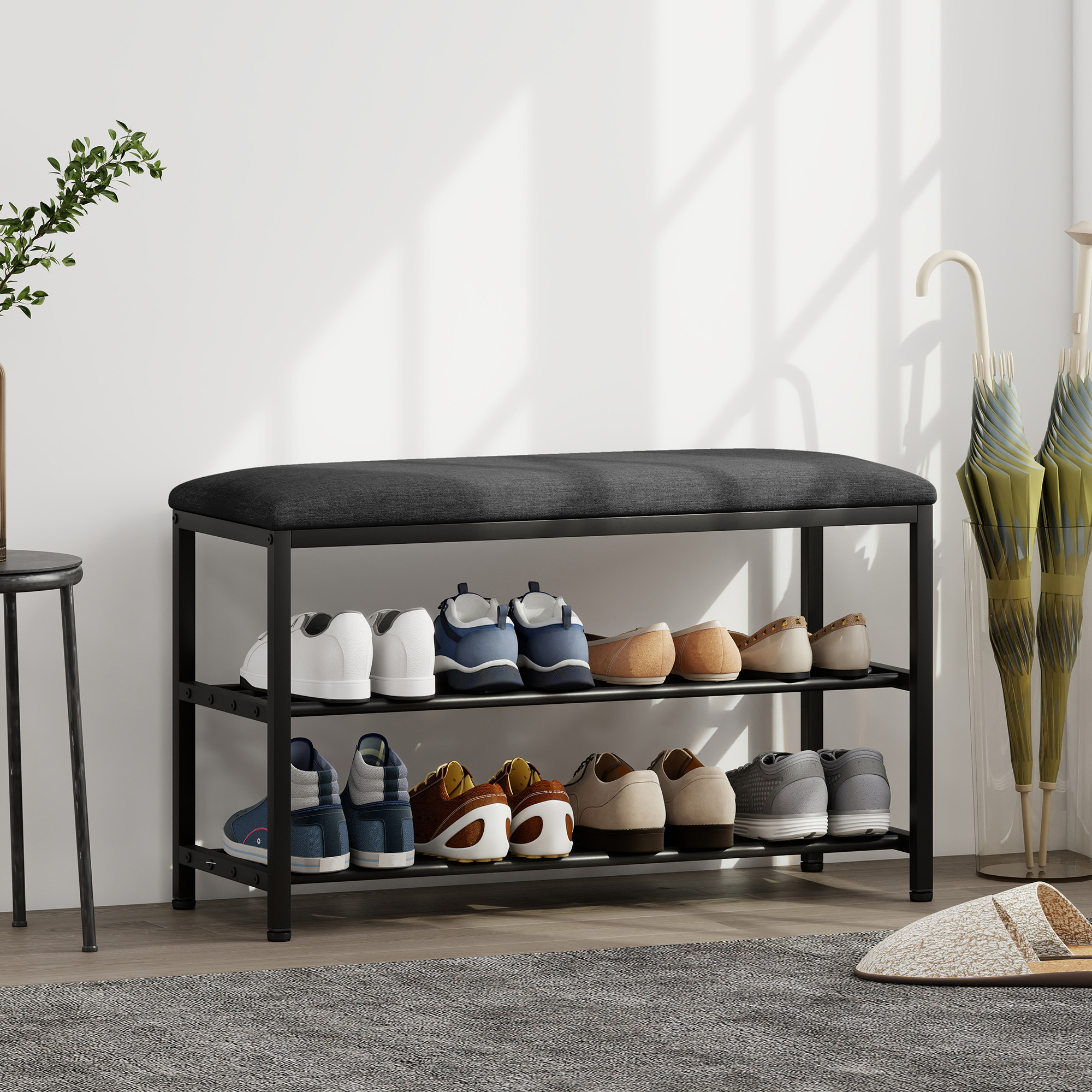 Schuhbank mit Sitzfläche, Sitzbank mit Stauraum, Schuhregal mit 2 offene Fächer, Sitzbank 81 x 31 x 50 cm Schwarz