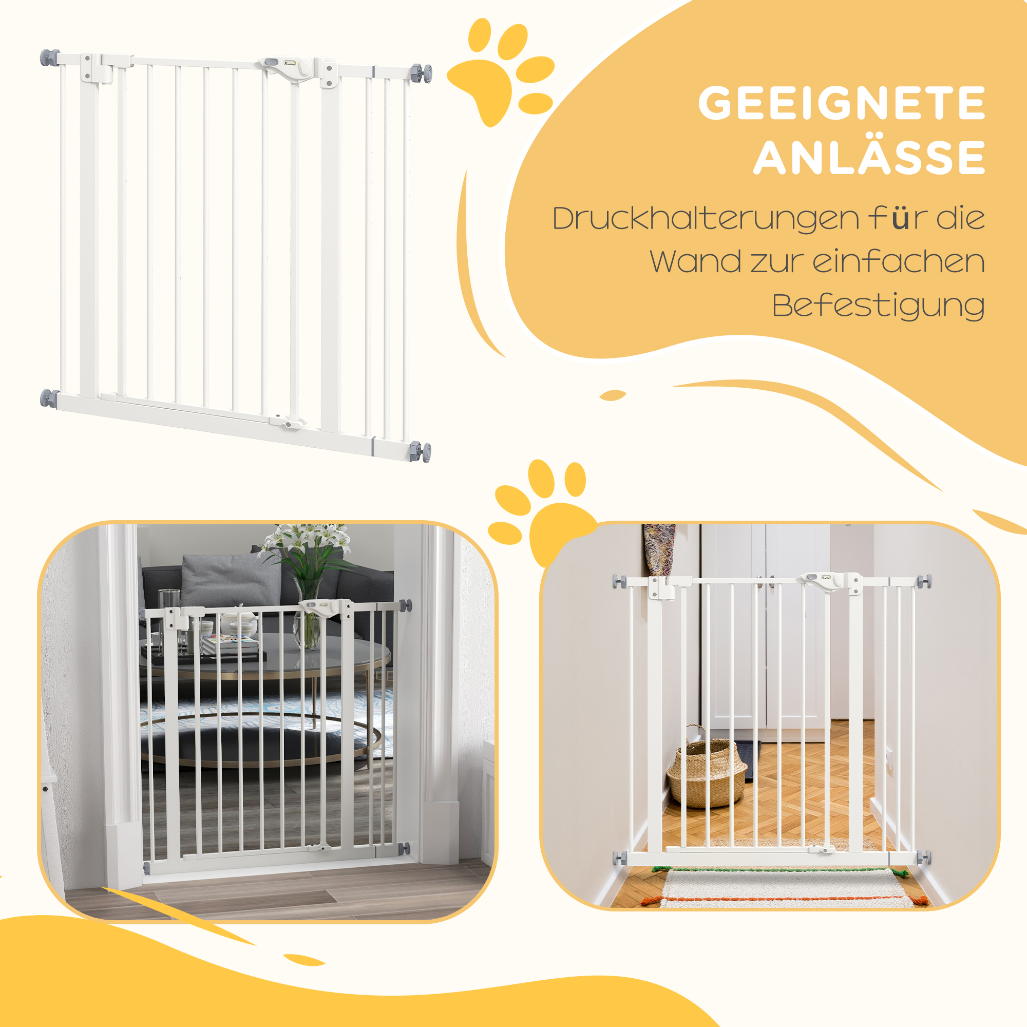 Türschutzgitter für Hunde, Absperrgitter, Schutzgitter für Haustiere, Metall, Kunststoff, 74-87 cm, Weiß