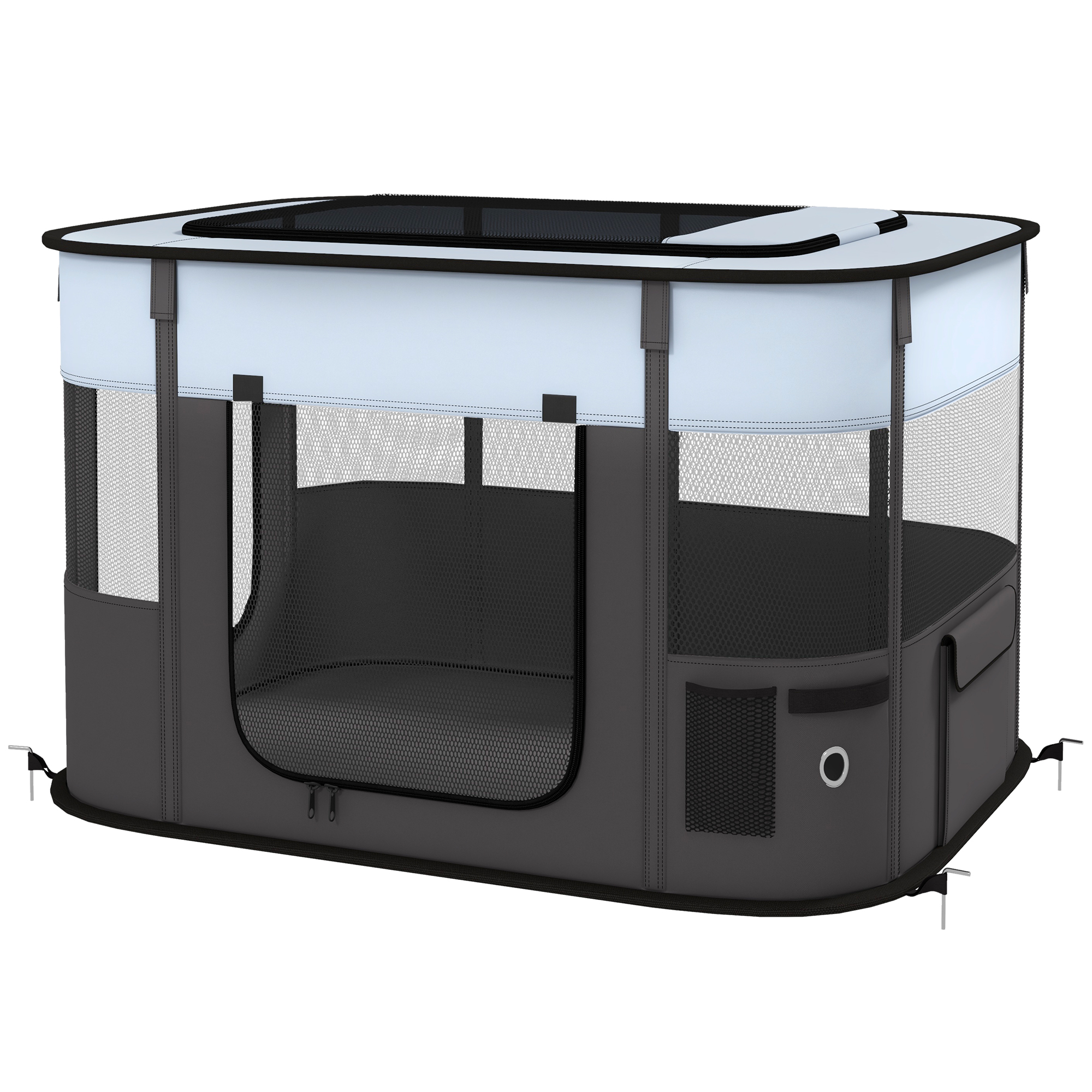 Spielgehege für Haustiere, faltbar, mit Aufbewahrungstasche, für Welpen und Kätzchen, drinnen und draußen, Grau