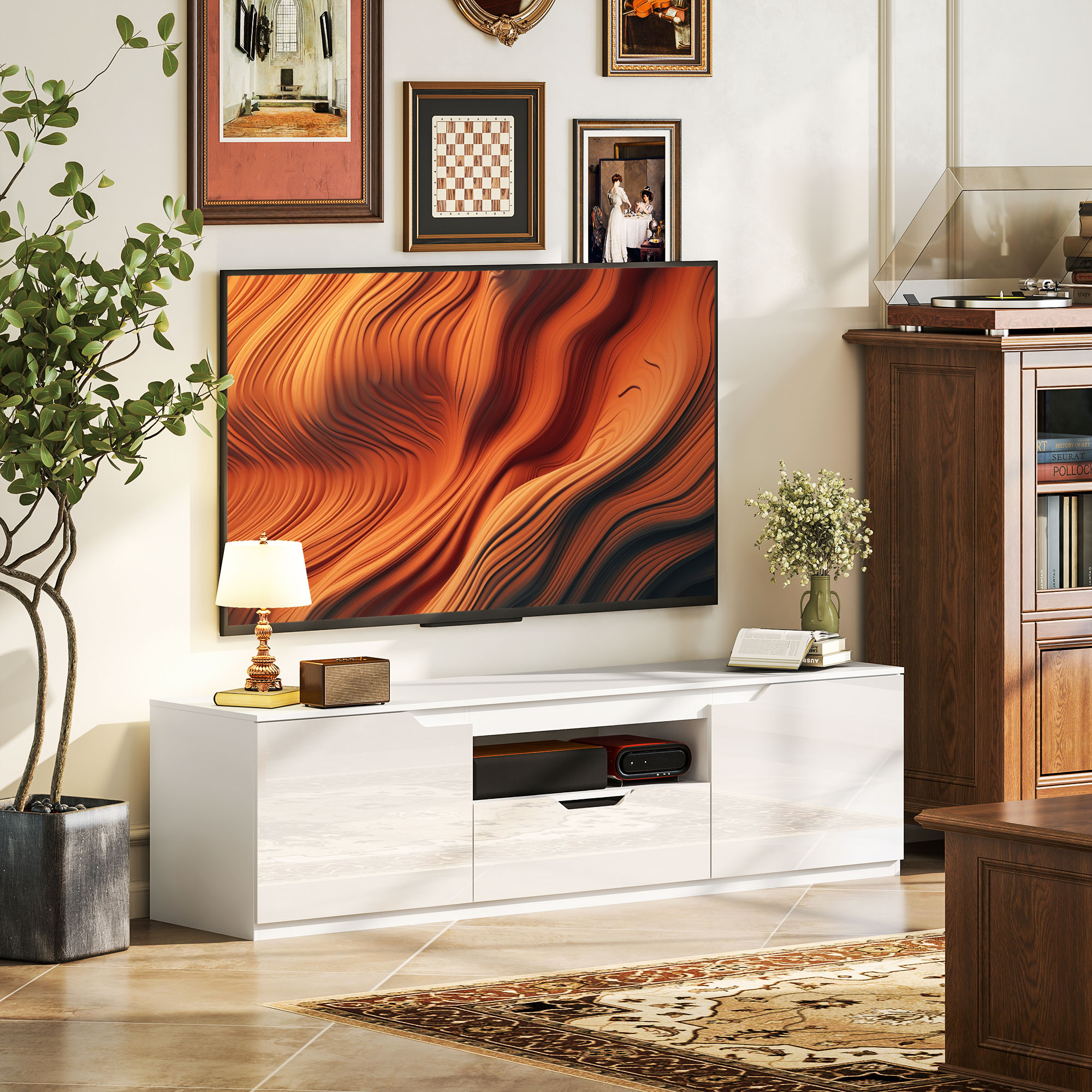 TV-Lowboard, Hochglanz, für Fernseher bis 65'', 3 Fächer, Schublade, 160 x 38 x 43 cm, Weiß