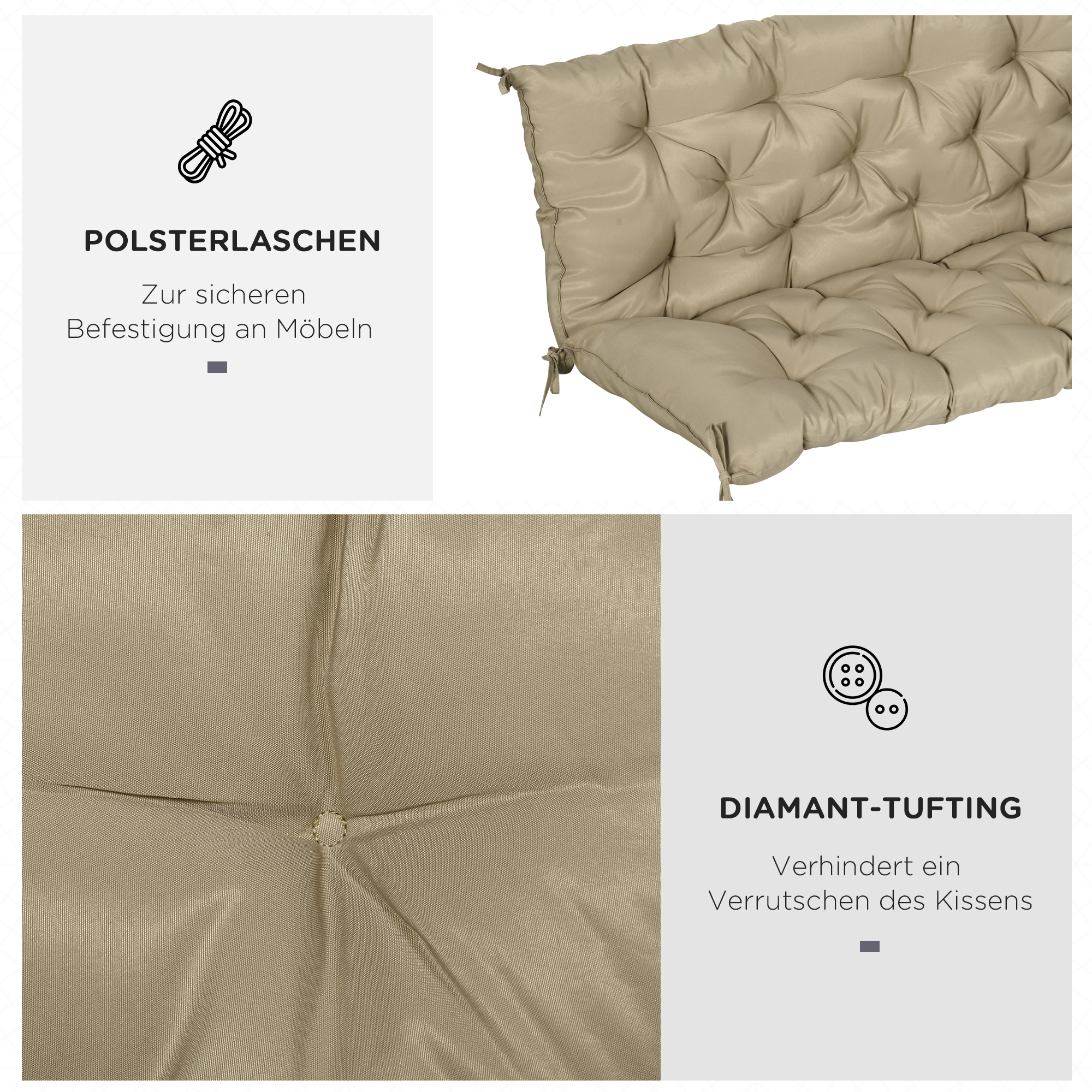3 Sitzer Bankauflage 150x98x8 cm Bankkissen mit Bändern, Bankpolster für Gartenmöbel Hollywoodschaukel, Khaki