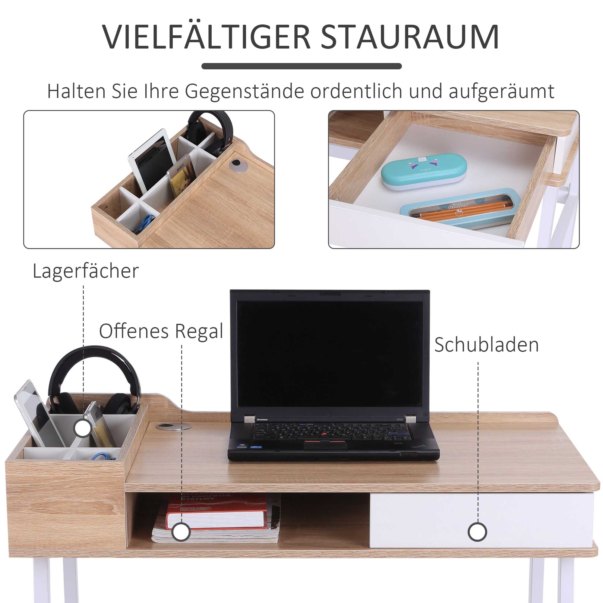 Schreibtisch Computertisch Bürotisch Arbeitstisch PC Tisch vielseitig verwendbar mit sechs Ablagefächern Schublade Breite Tischplatte für Arbeitszimmer Büro und Wohheim Natur 100 x 55 x 81,5 cm