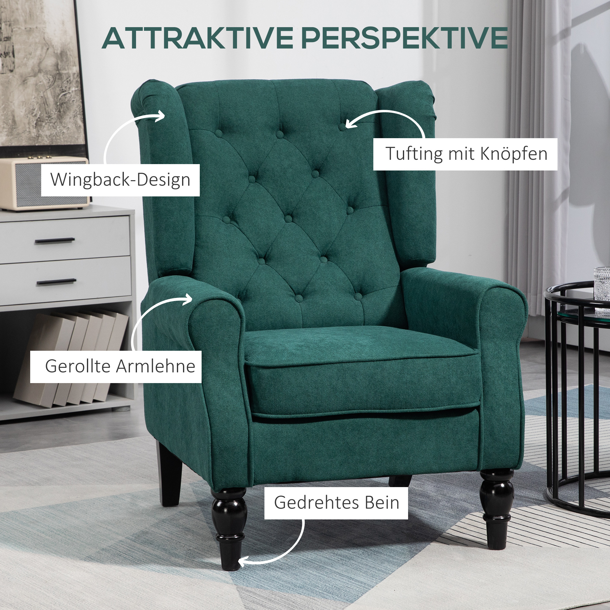 Eleganter Ohrensessel, dick gepolstert, abnehmbarer Bezug, 74 x 86 x 102 cm, Dunkelgrün