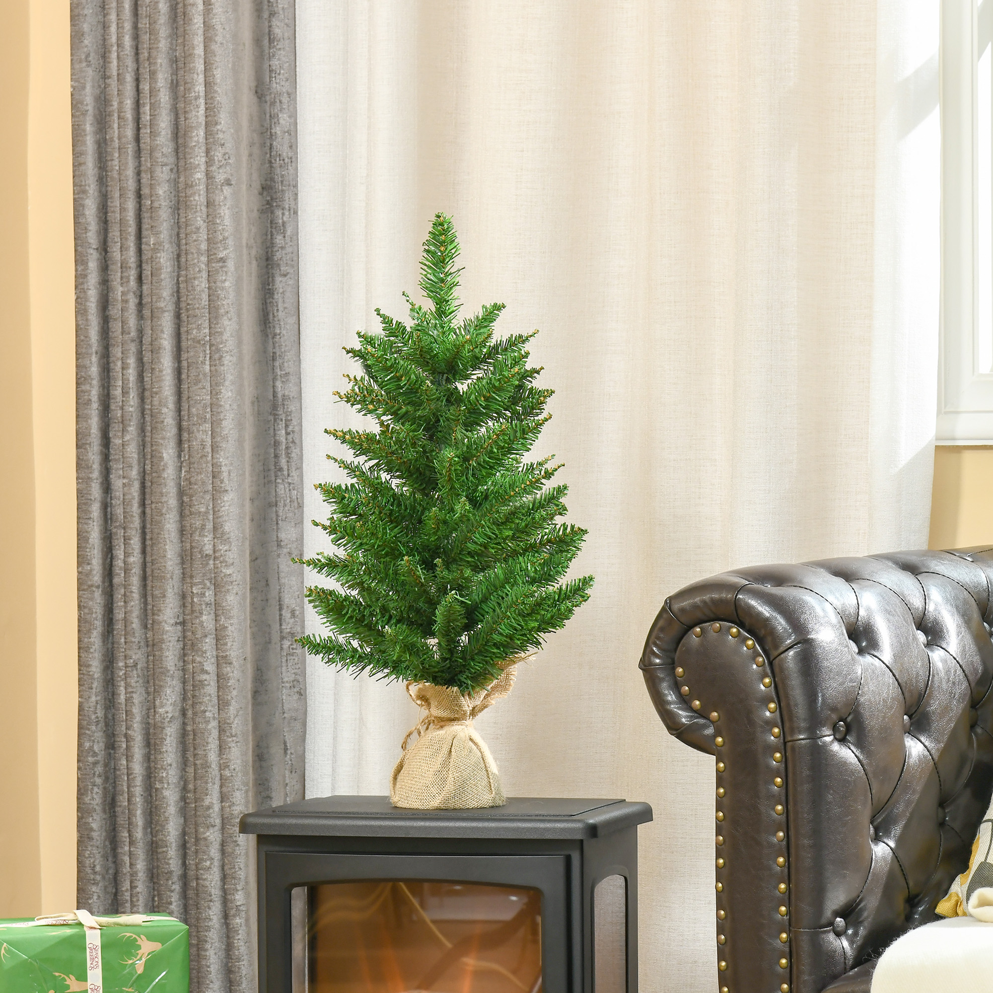 Mini Weihnachtsbaum mit künstlichem Schnee, 60 cm hoch, mit Zementständer, Mehrfarbig