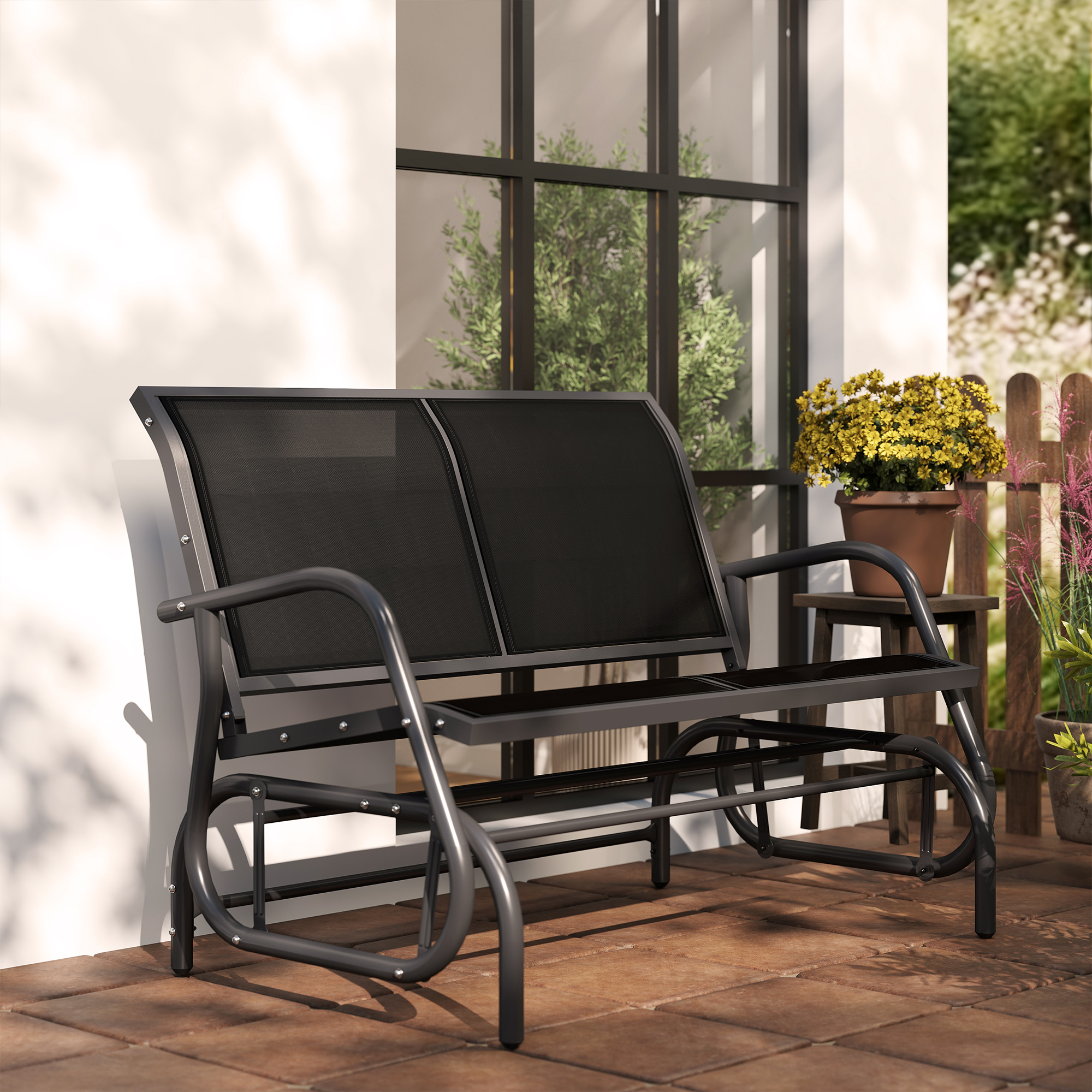 2-Sitzer Schaukelstuhl Gartenbank mit Schaukelmechanismus bis 200 kg belastbar 120 x 70 x 85 cm Schwarz