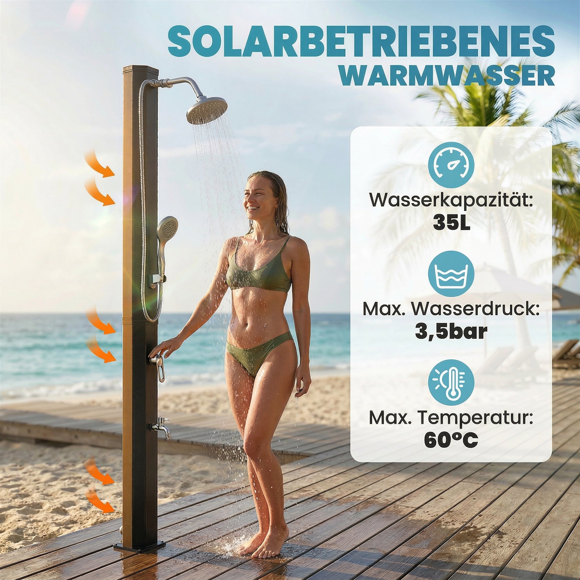 Solardusche 35L Gartendusche mit Frostschutz schwenkbarem Regenduschkopf Wasserhahn, Gartenschlauch-Anschluss