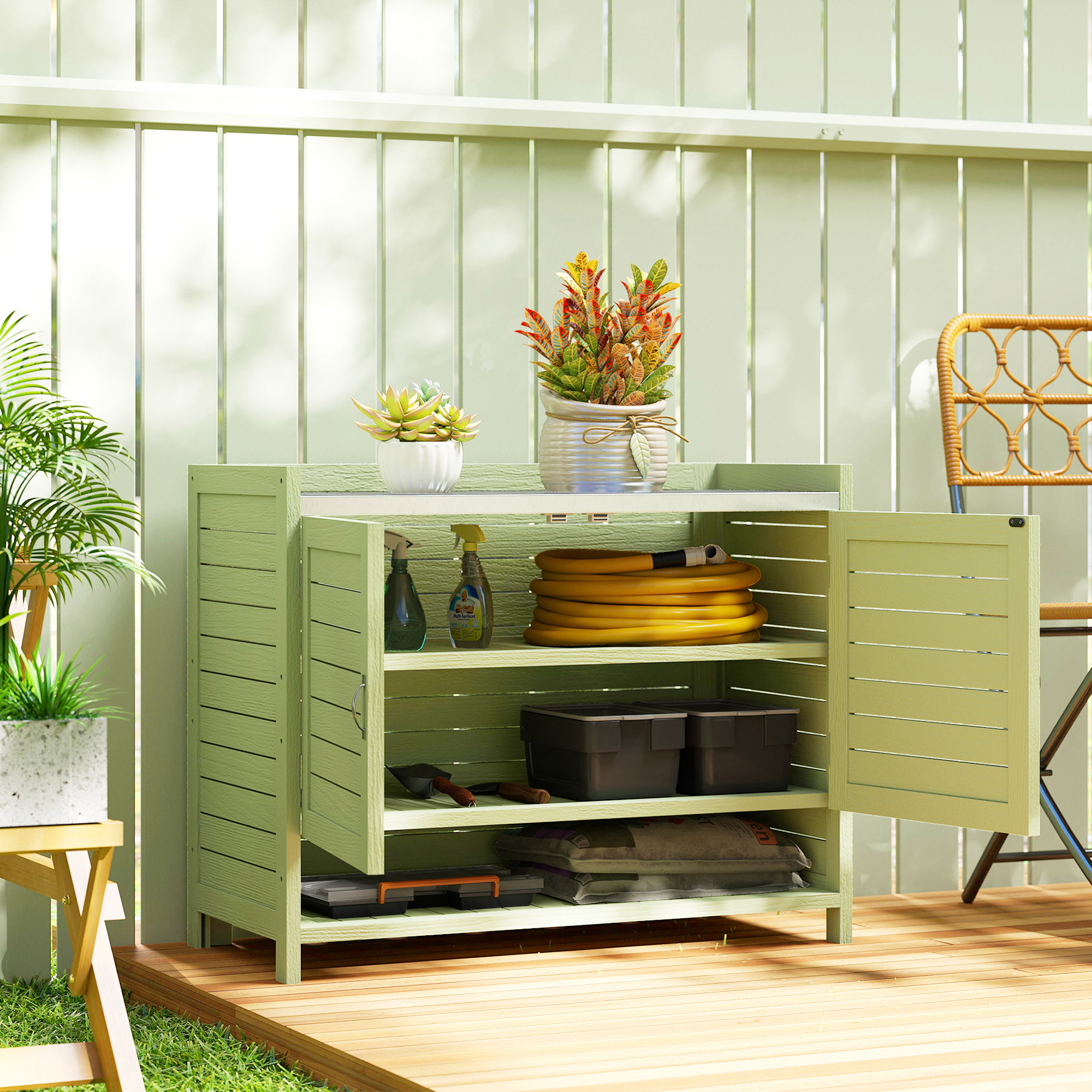 Pflanztisch mit Unterschrank aus Holz Outdoor Gartenschrank mit verzinkter Arbeitsplatte 3 Regalböden 88x40x70,5cm Grün