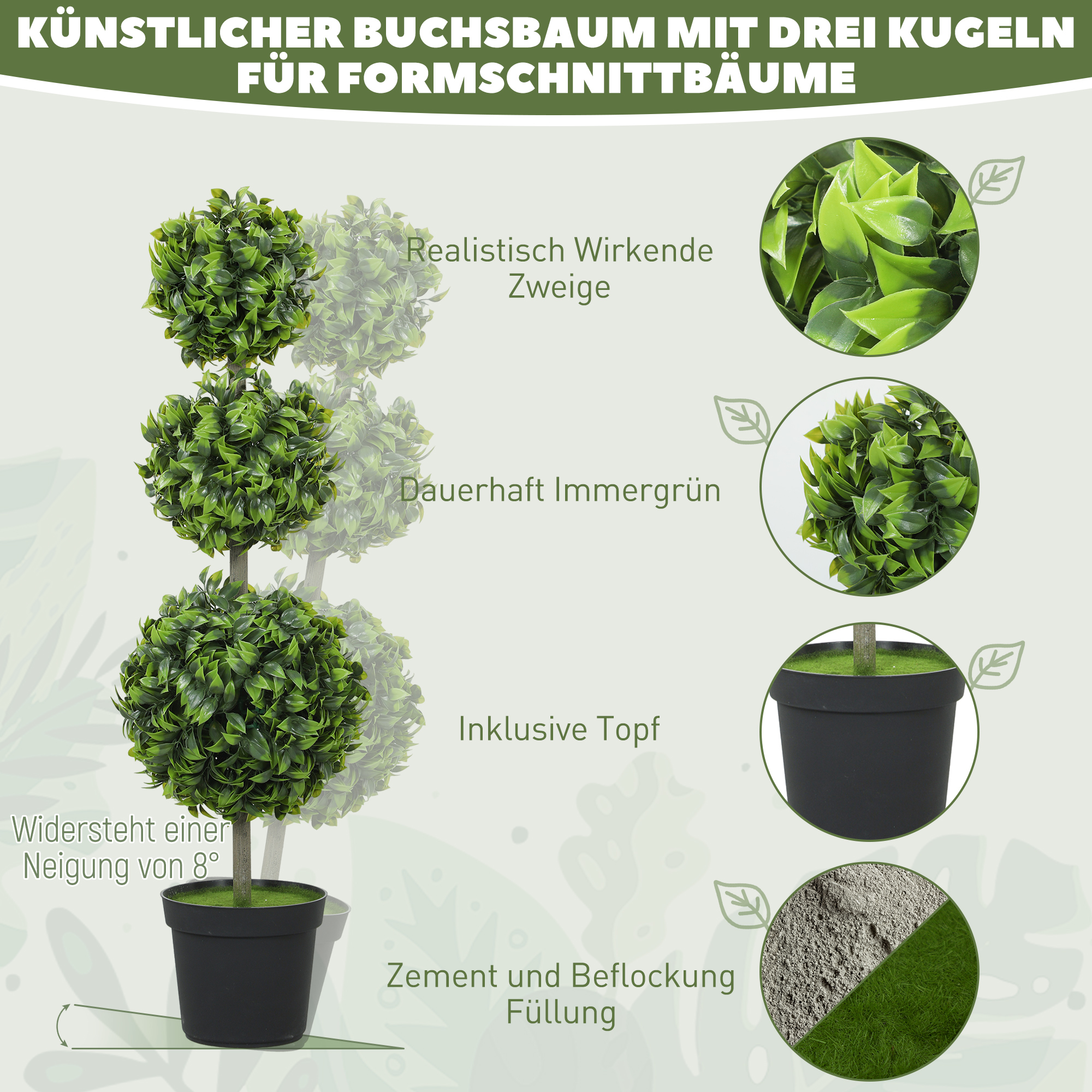 Kunstpflanzen im Topf, Kunststoff-Blätter, beflockte Erde, Grün
