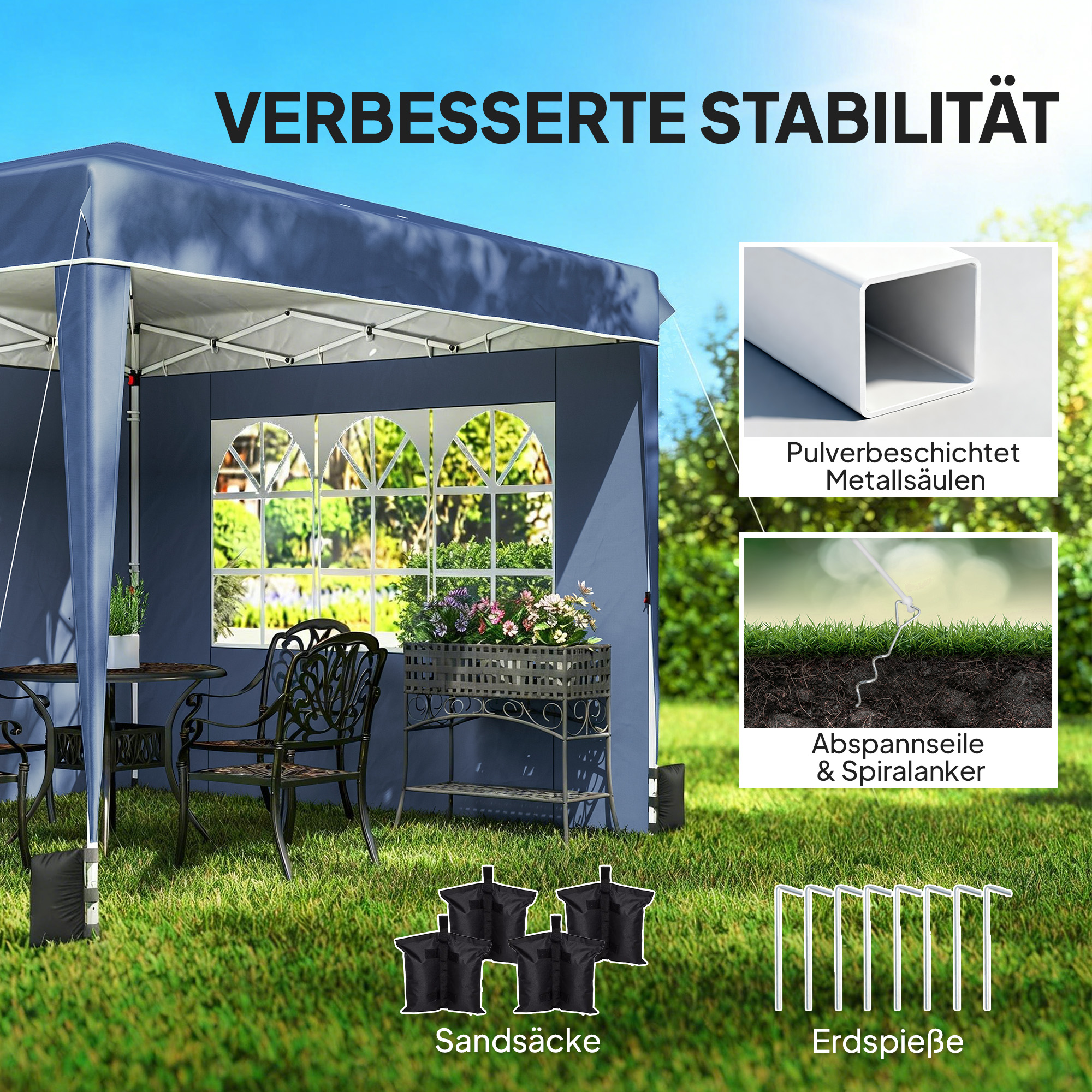 Pavillon 3 x3 m Wasserdicht höhenverstellbar Pop-up Faltpavillon mit 2 Seitenteilen, UV 50+ Faltbar Dunkelblau