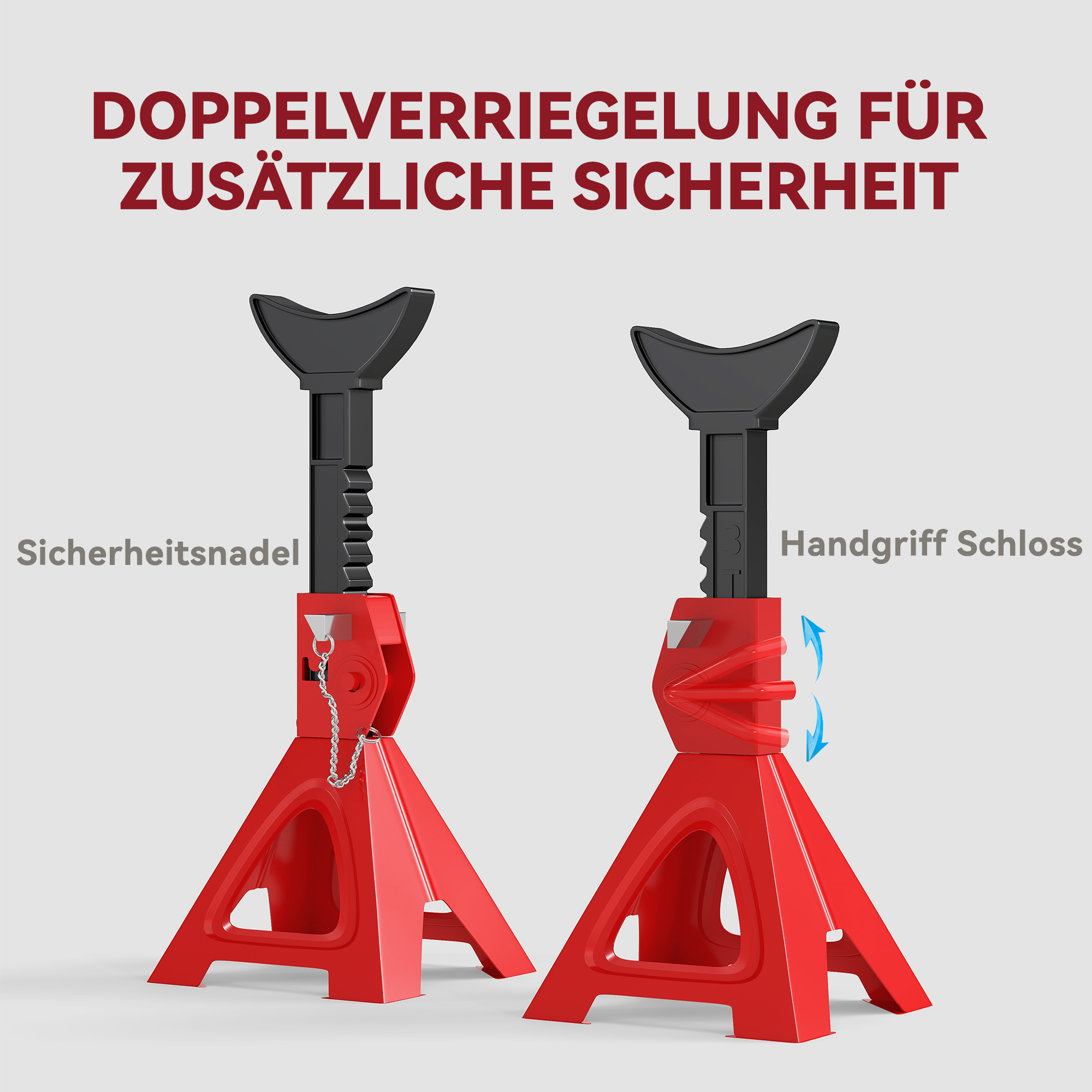 Unterstellbock 3 Tonnen Traglast 2 Stück Stützbock inkl Sicherungssplint 10 stufig Höhenverstellbar Rot