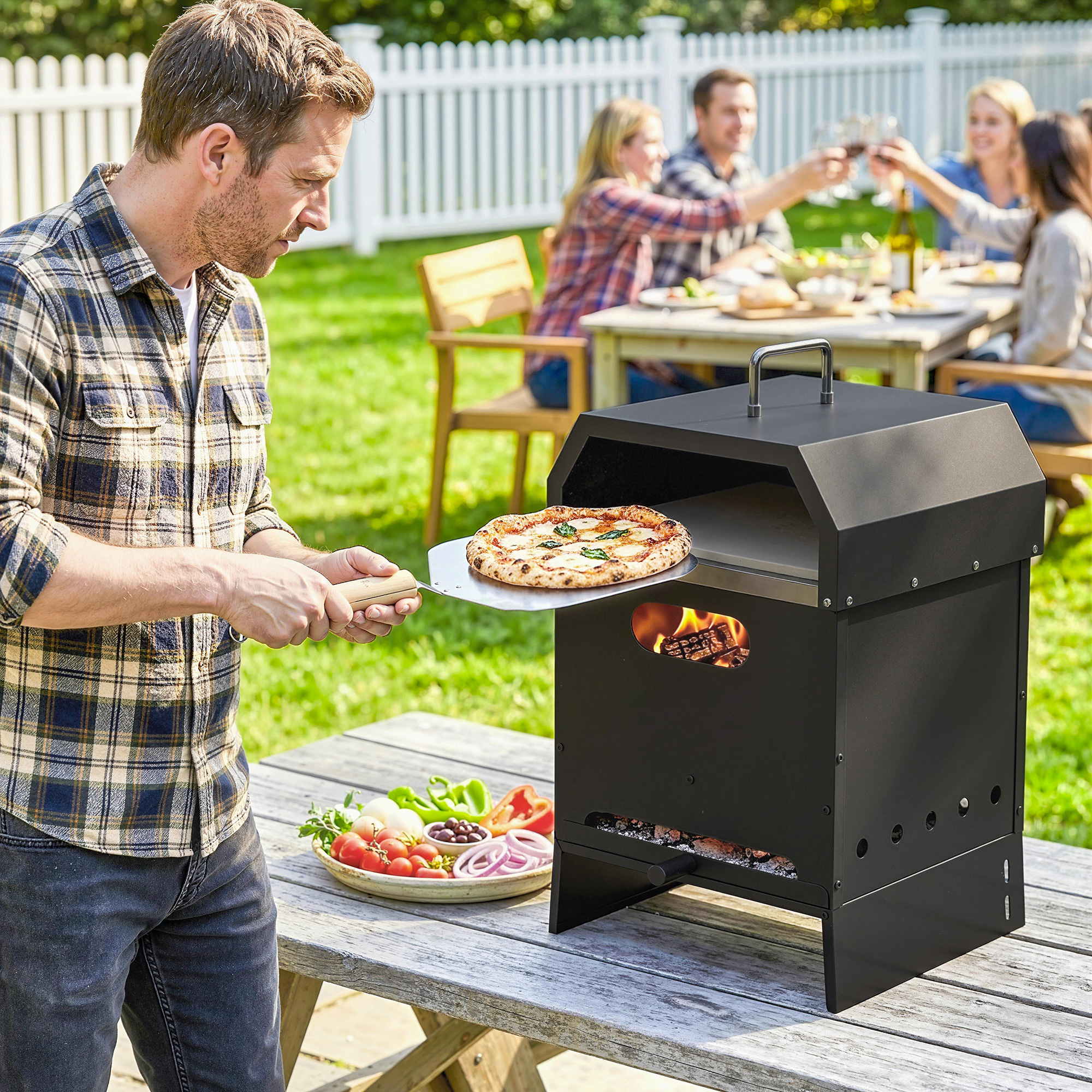 3-in-1 Outdoor-Pizzaofen, holzbefeuert Pizza Ofen, 2 Ebenen, Backofen mit Pizzastein, Pizzaschaufel