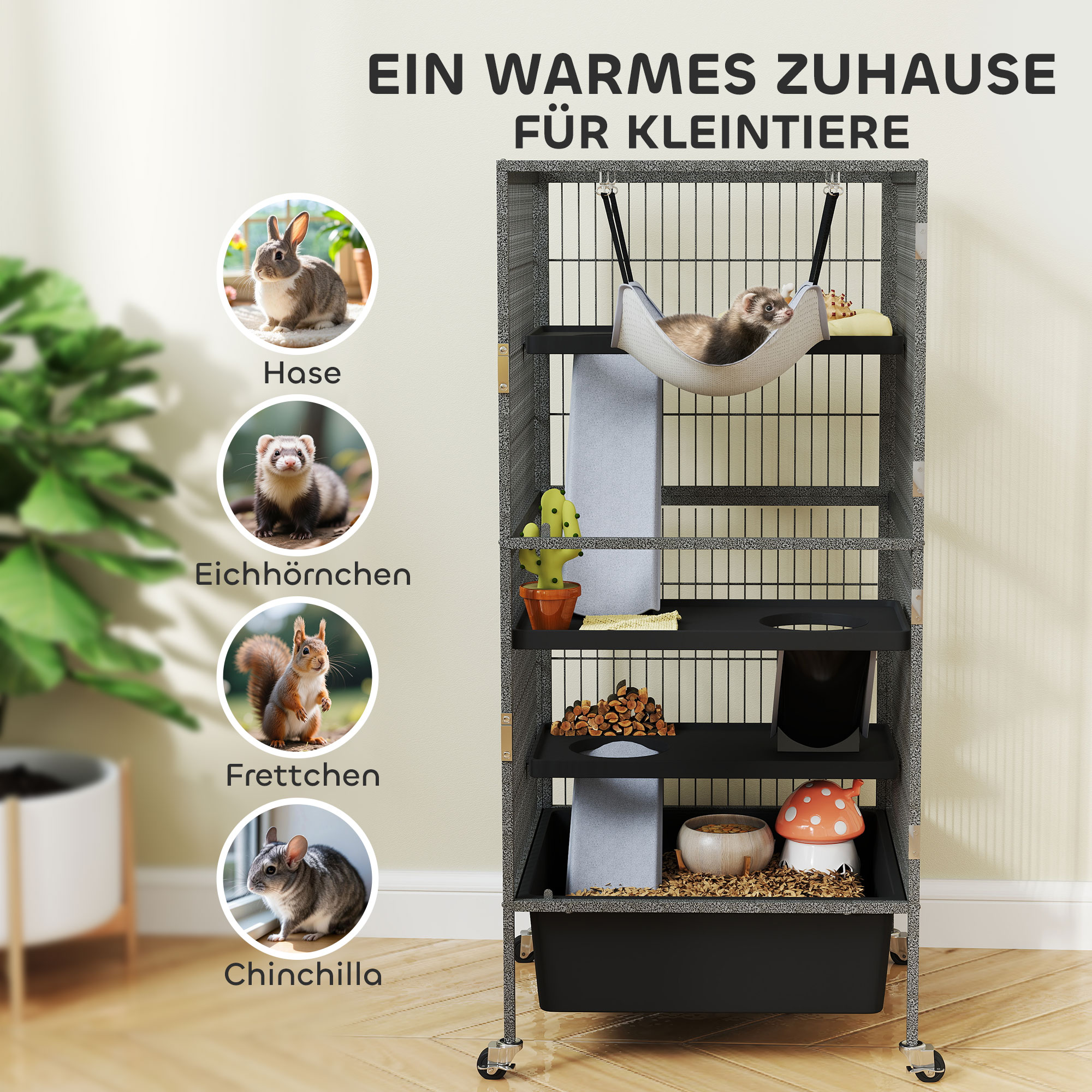 Kleintierkäfig 4-stöckiger Nagerkäfig mit ausziehbarem Tablett Rampen Hängematte Rollen Plattformen 52x52x115 cm Grau