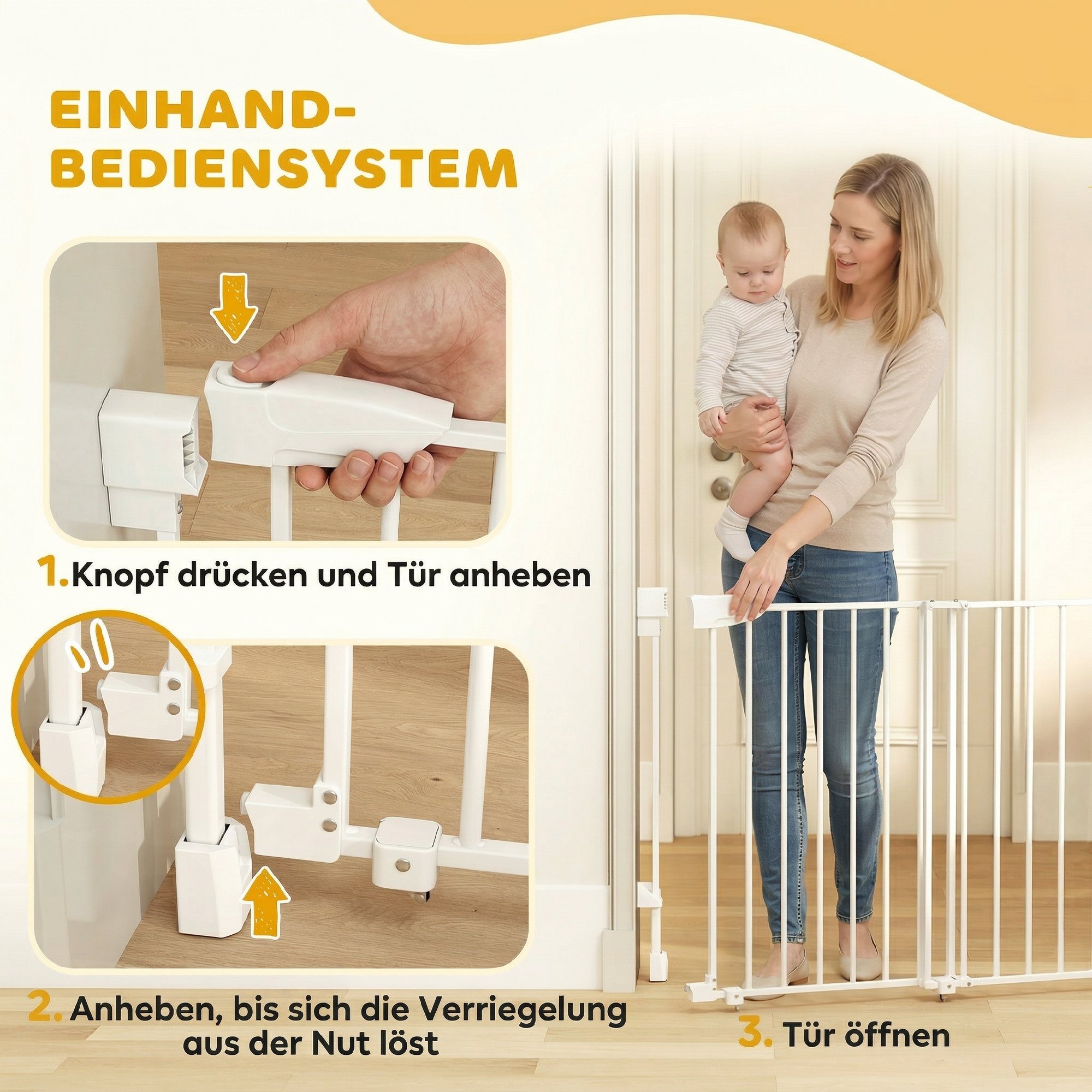 Treppenschutzgitter Türschutzgitter 74,5-111,5cm Türgitter mit Auto-Close Beidseitige Einhand Öffnung Weiß