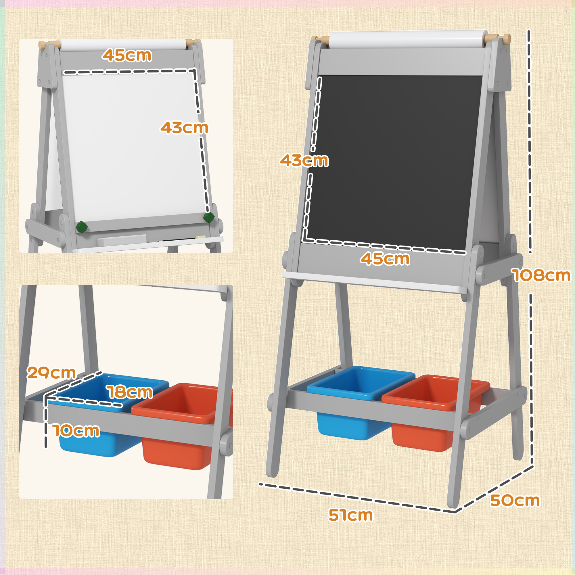 Doppelseitige Kindermalstaffelei mit Papierrolle, Kreidetafel, Whiteboard, 3-in-1-Design, zum Zeichnen und Malen