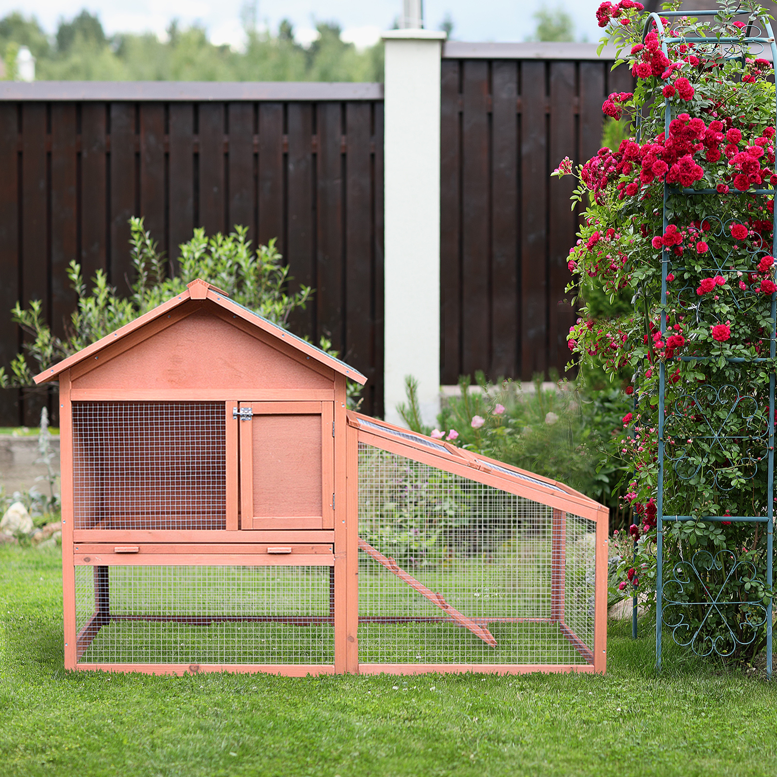 Kaninchenstall aus Holz auf Zwei Etagen mit Rampe 144x64,5x100 cm Hasenstall mit wasserabweisend Bitumendach Kleintierstall Winterfest für draußen mit mehreren Eingängen herausnehmbar Schublade
