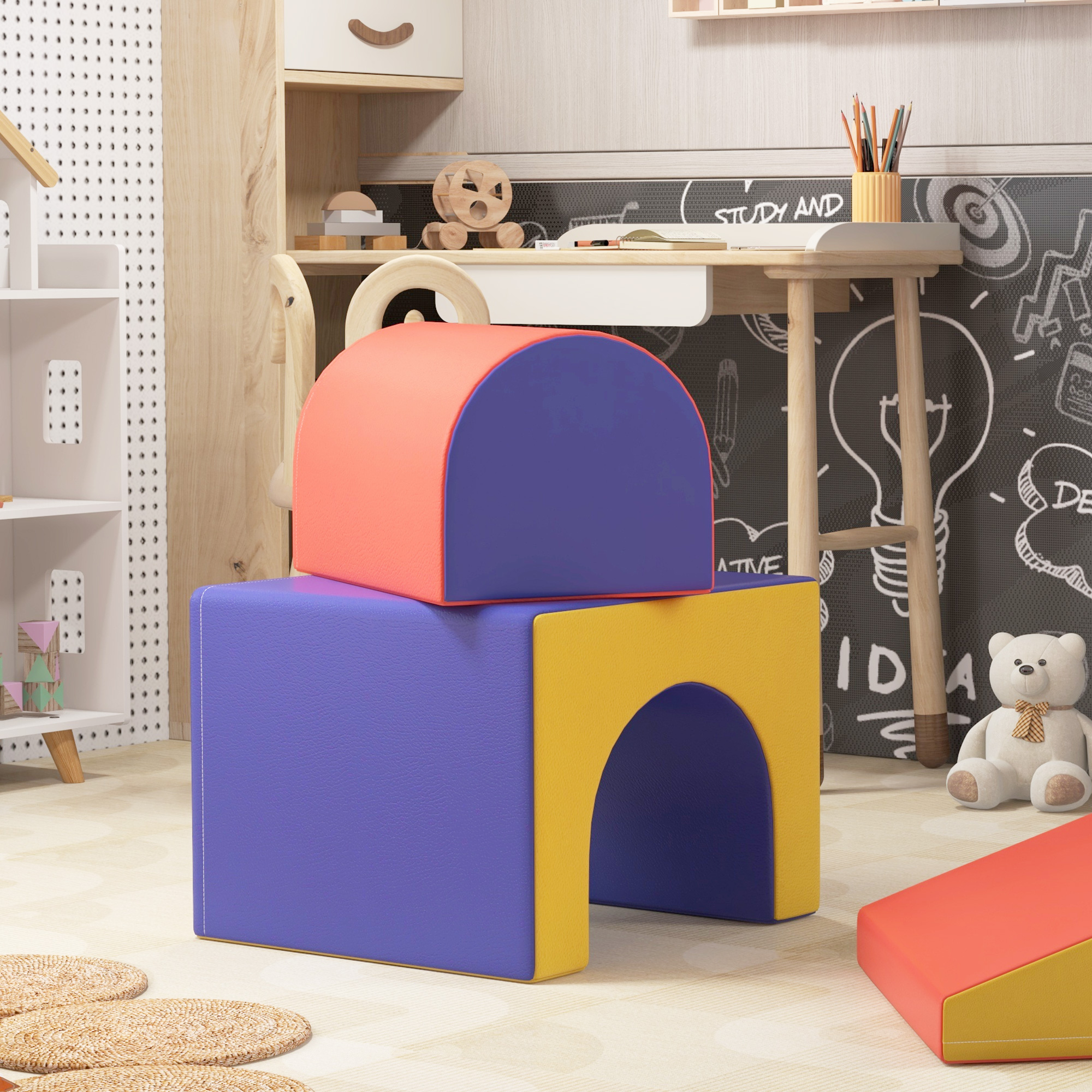 4er Softbaustein-Set zum Klettern und Rutschen, Kunstlederbezug, für Kinder im Alter von 1-3 Jahren, Mehrfarbig