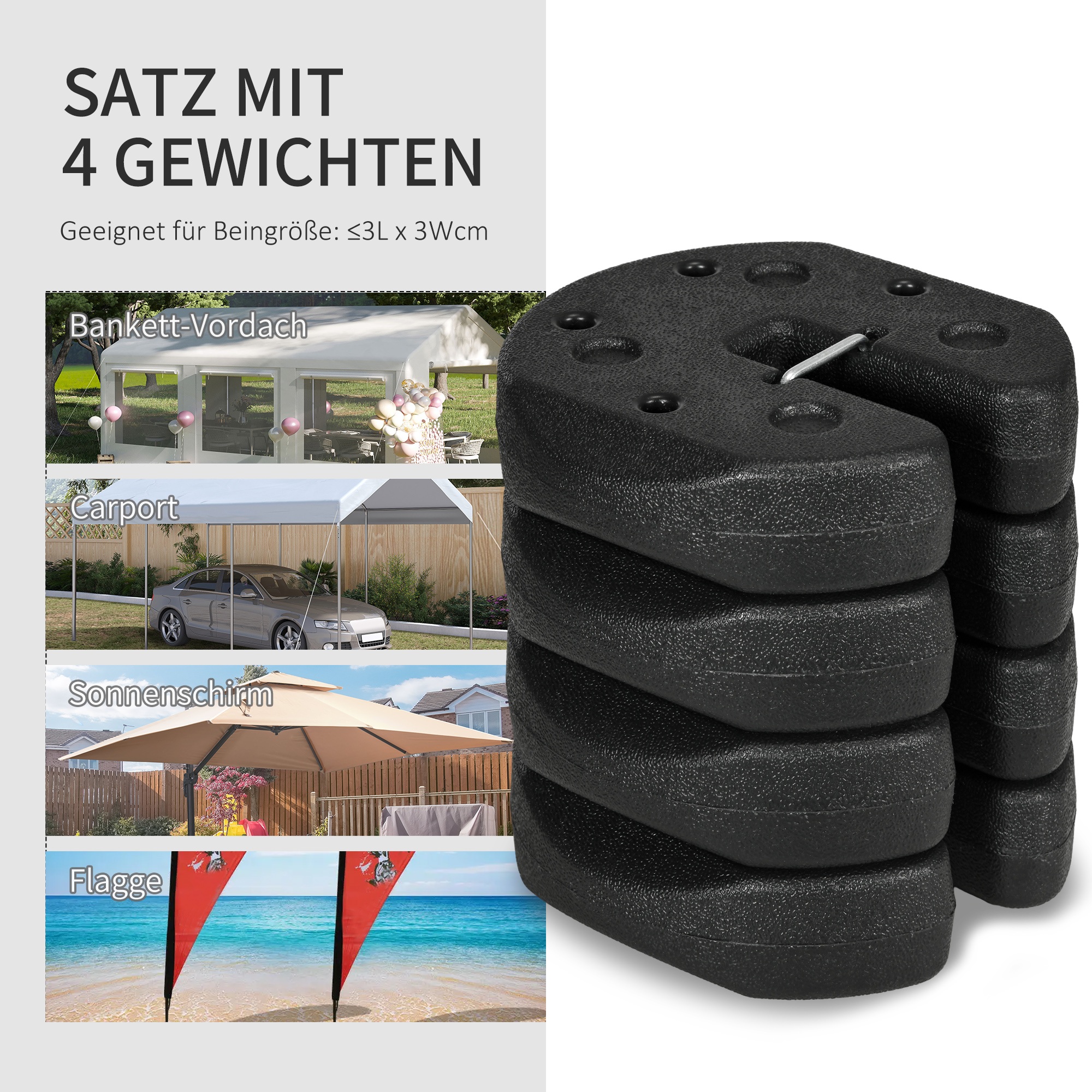 Pavillonstandfüße 4er-Set 12 kg Gewichte mit Befestigungsstiften und Transportgurt