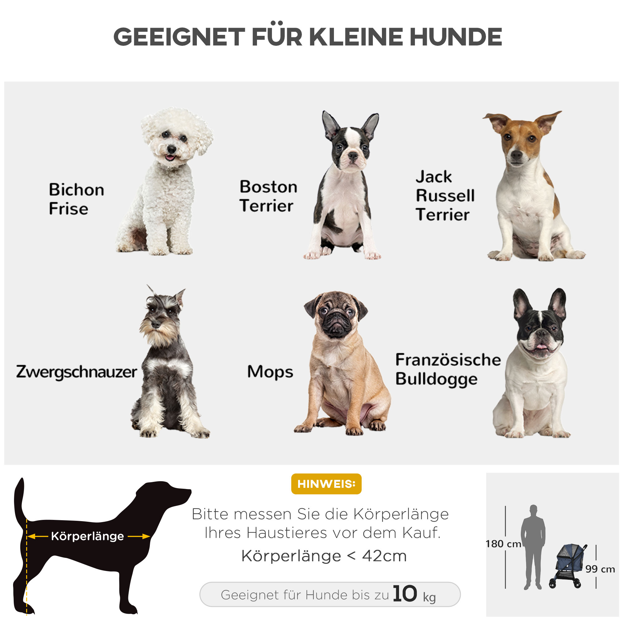 Hundewagen Hundebuggy bis 10 kg Klappbar Bodenkorb Kissen Seitentasche 81 cm x 48 cm x 99 cm Grau