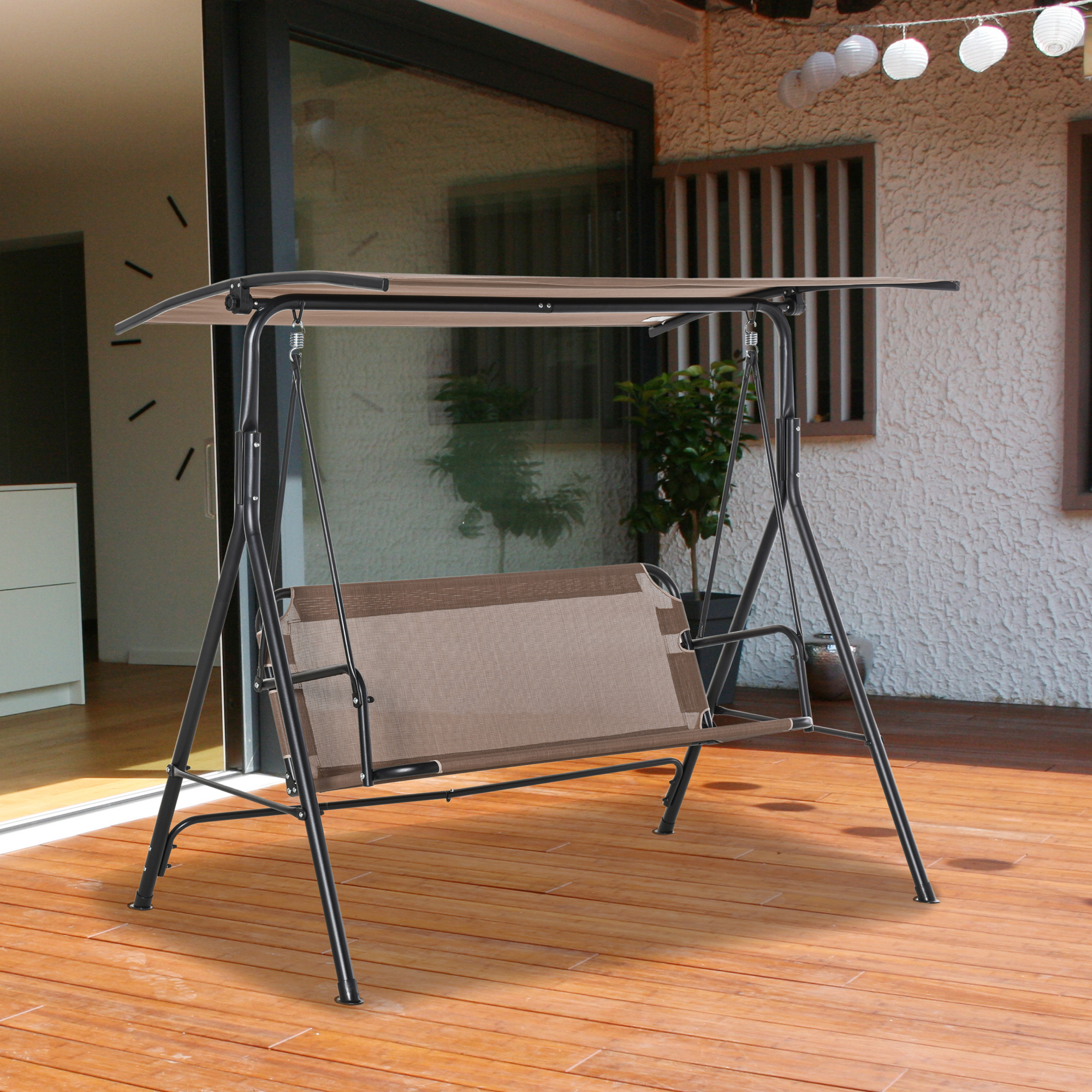 2-Sitzer Hollywoodschaukel Outdoor Gartenliege UV-beständig Hochwertiges Metallrohr winkeleinstellbar Braun