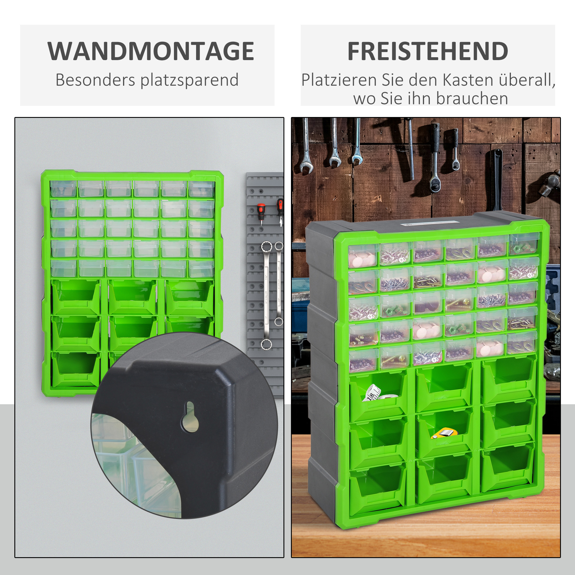 Sortierkasten Kleinteilemagazin Teile Box Aufbewahrungsbox 39 Fächer Grün L38 x B16 x H47,5 cm