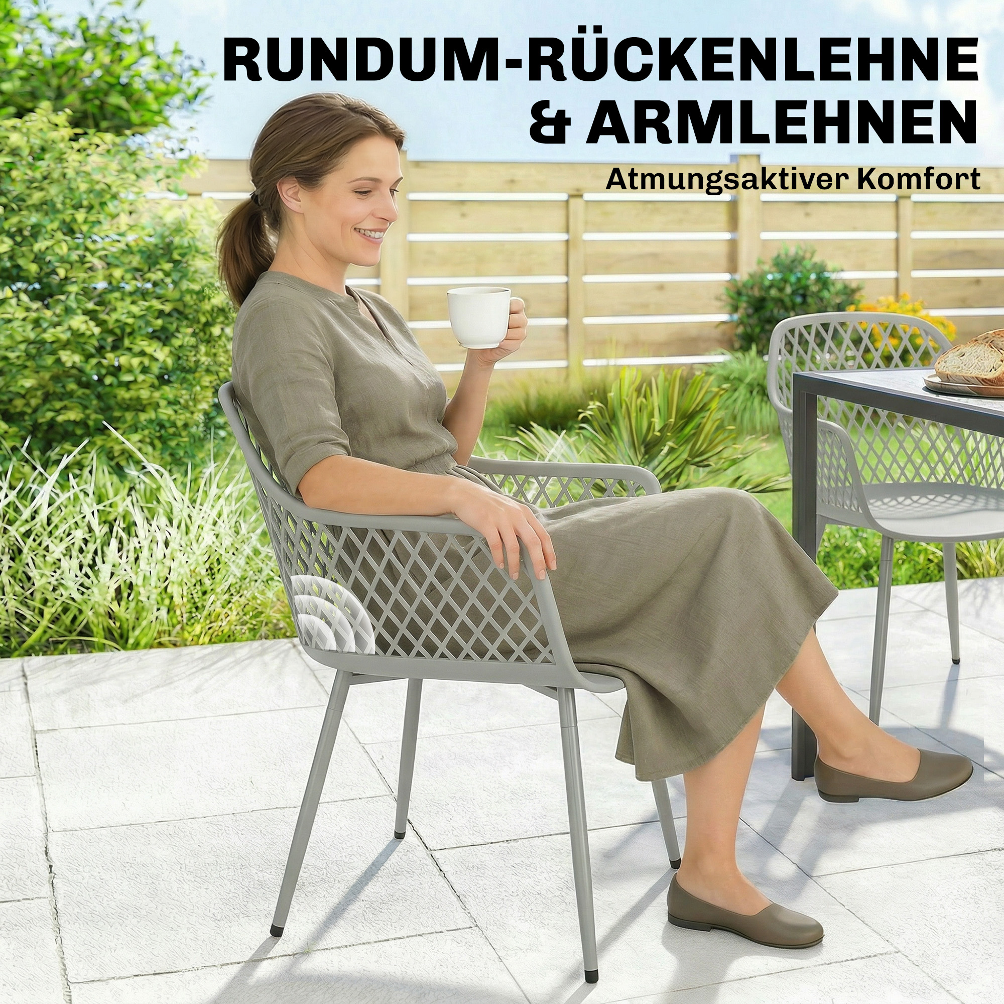 Gartenstuhl 4er Set UV-beständige Gartenstühle aus Kunststoff mit Armlehne Rückenlehne 56 x 51 x 84 cm Grau