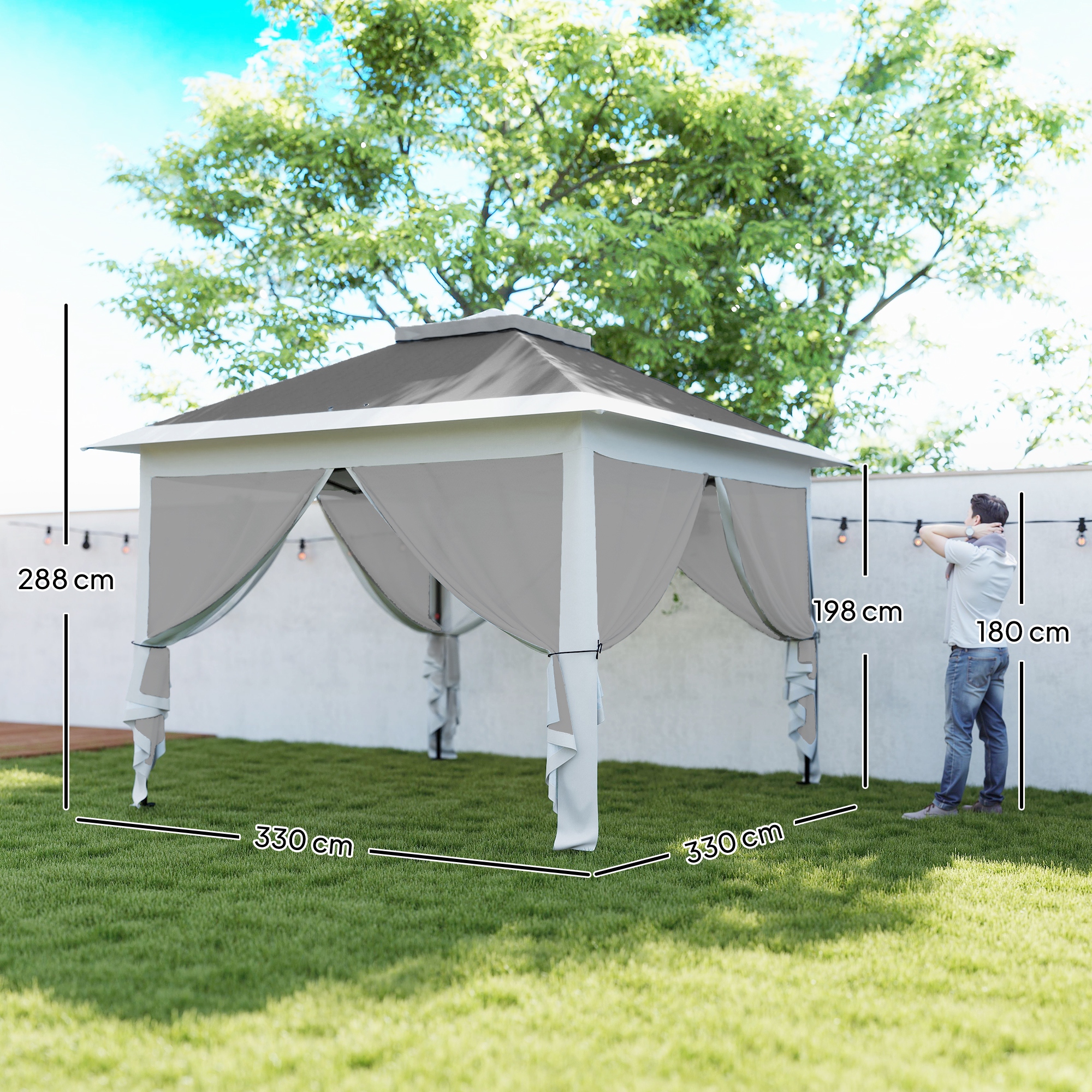 Faltpavillon, Gartenpavillon, Metall und Stoffplane, Netzvorhänge, Entwässerungslöcher, 330L x 330B x 288H cm, Grau