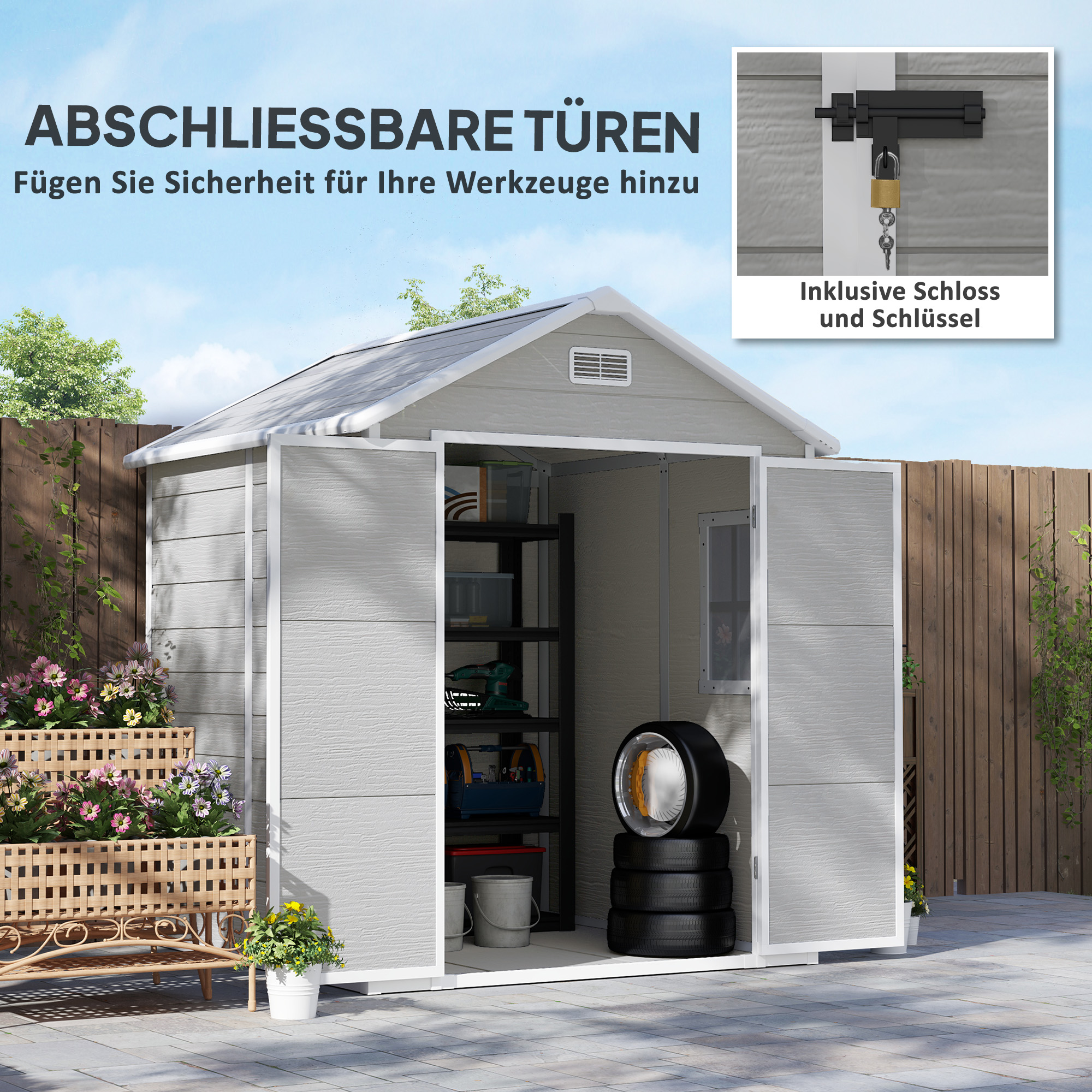 Gartenschuppen, Geräteschuppen mit Boden, verschließbare Türen, Lüftungsöffnungen, Fenster, Holzoptik, Kunststoff, Grau