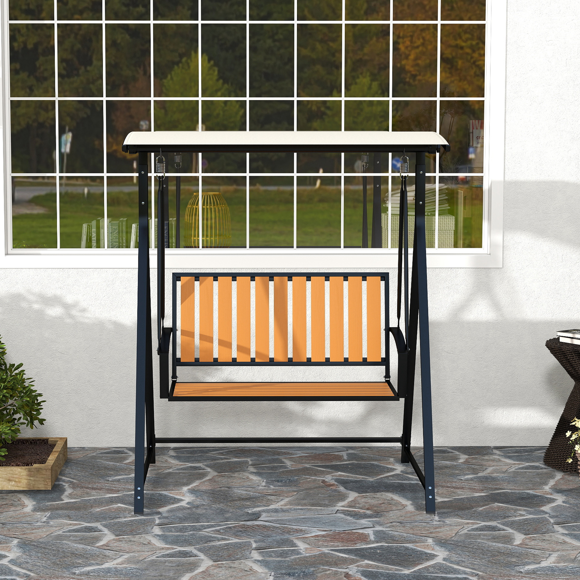 Hollywoodschaukel mit verstellbarem Sonnendach, 2-Sitzer Gartenschaukel 142 x 112 x 162cm, Schwarz