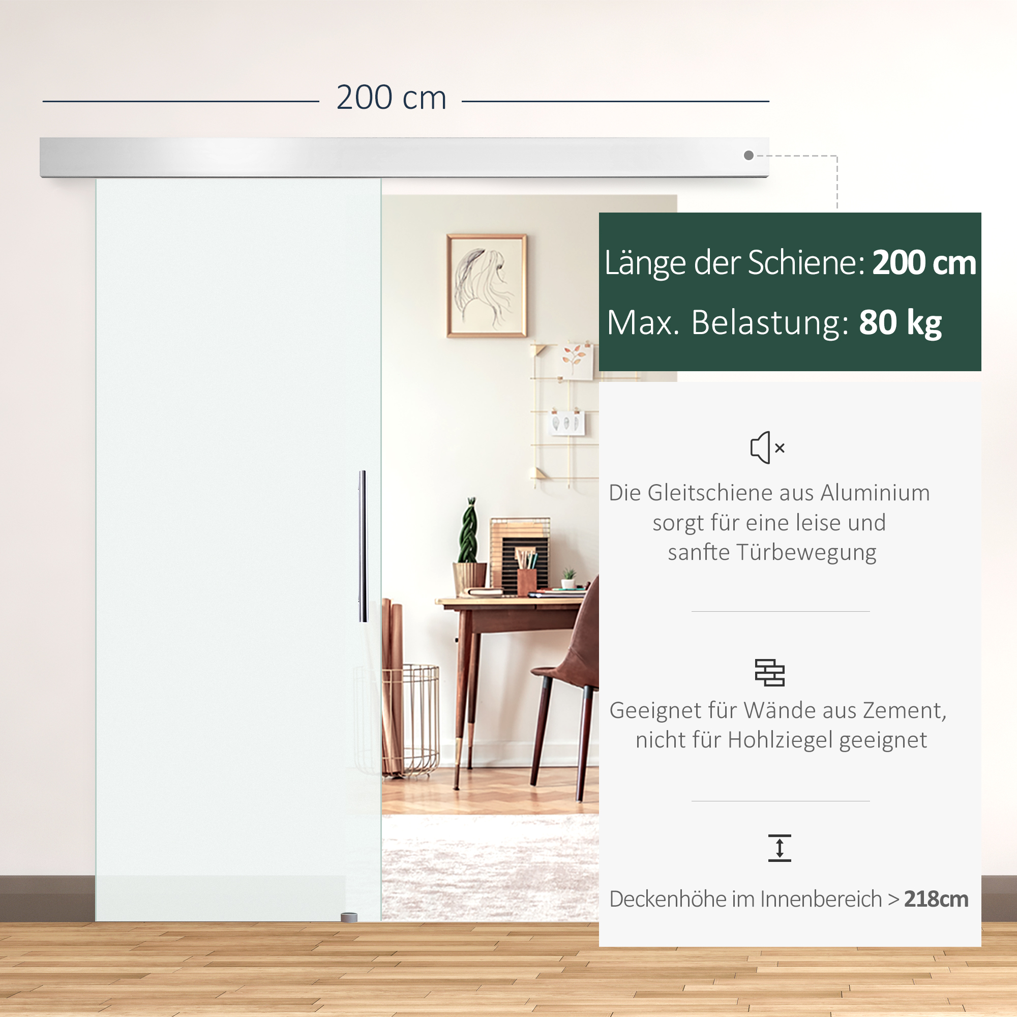 Glasschiebetür mit Griffstange, einseitig satiniert, 90 x 205 cm