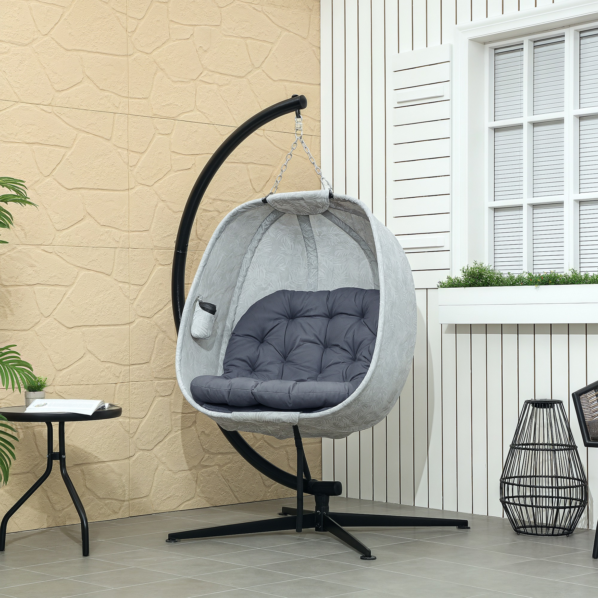 Eiförmiger Hängesessel für den Außenbereich, Hängeschaukel mit Gestell, Sitzpolstern Indoor Outdoor