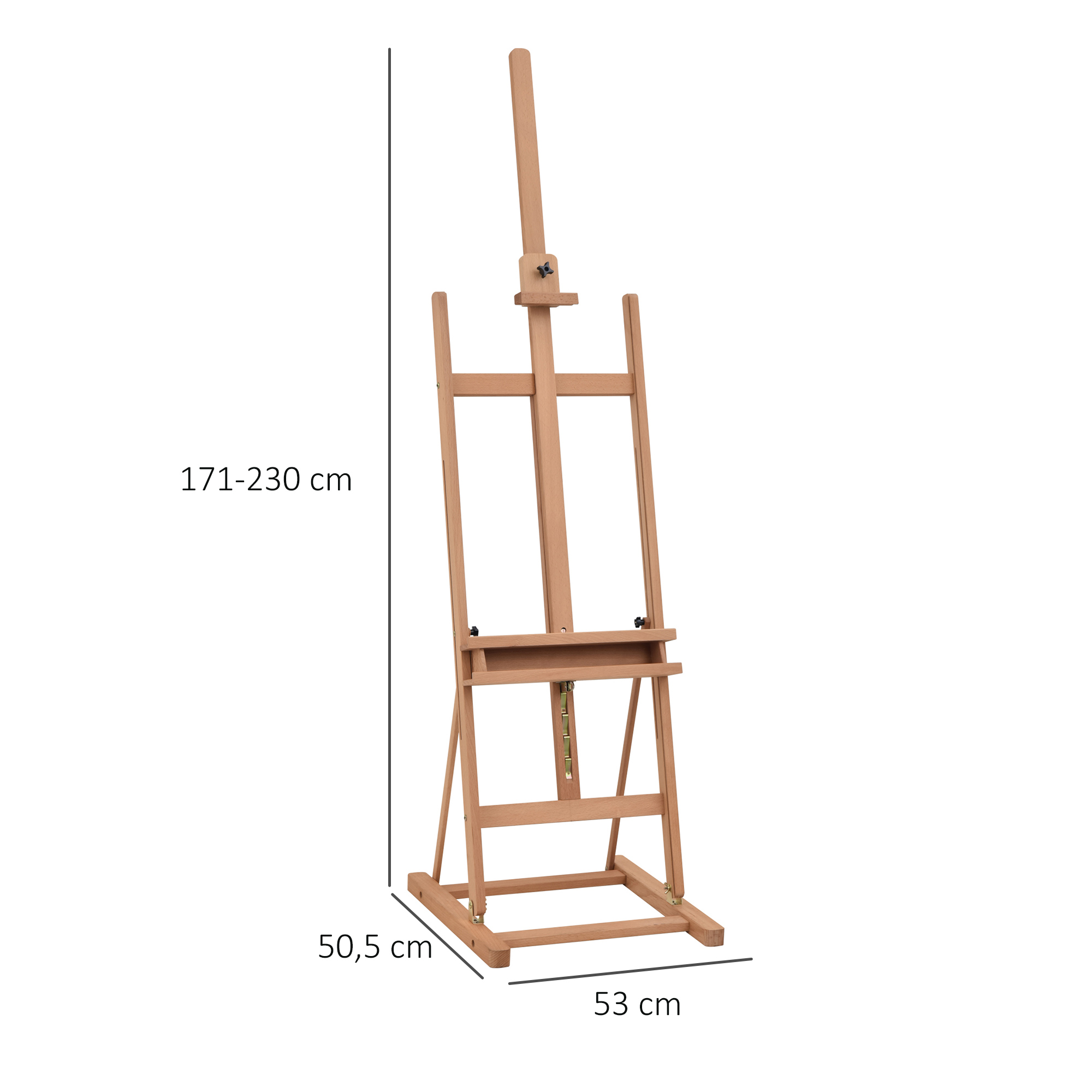 Staffelei Keilrahmen Atelierstaffelei Höhen- und Winkelverstellbar mit Ablagefach Buchenholz Natur 53 x 50,5 x 171-230 cm