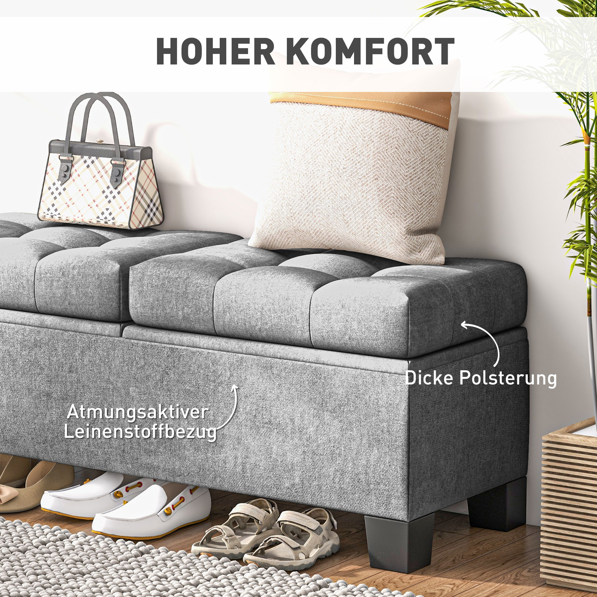 Sitzbank mit Stauraum, Polsterbank mit Leinenoptik, Gepolsterte Aufbewahrungsbox bis 180kg belastbar, für Flur, Schlafzimmer, Wohnzimmer, 116x41x47 cm, Grau