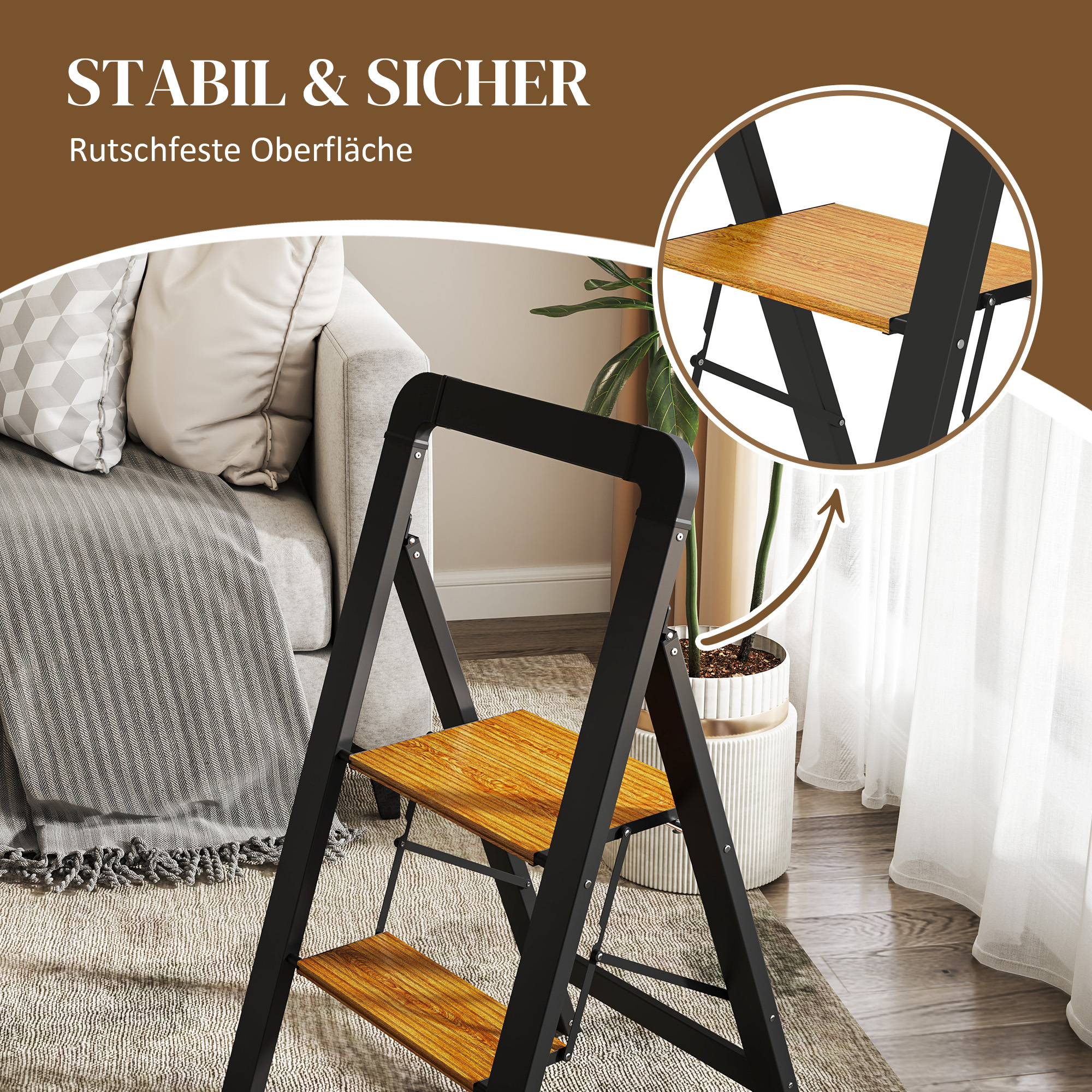 2-stufige Trittleiter, Metall, faltbar, rutschfeste Plattform, Schwarz