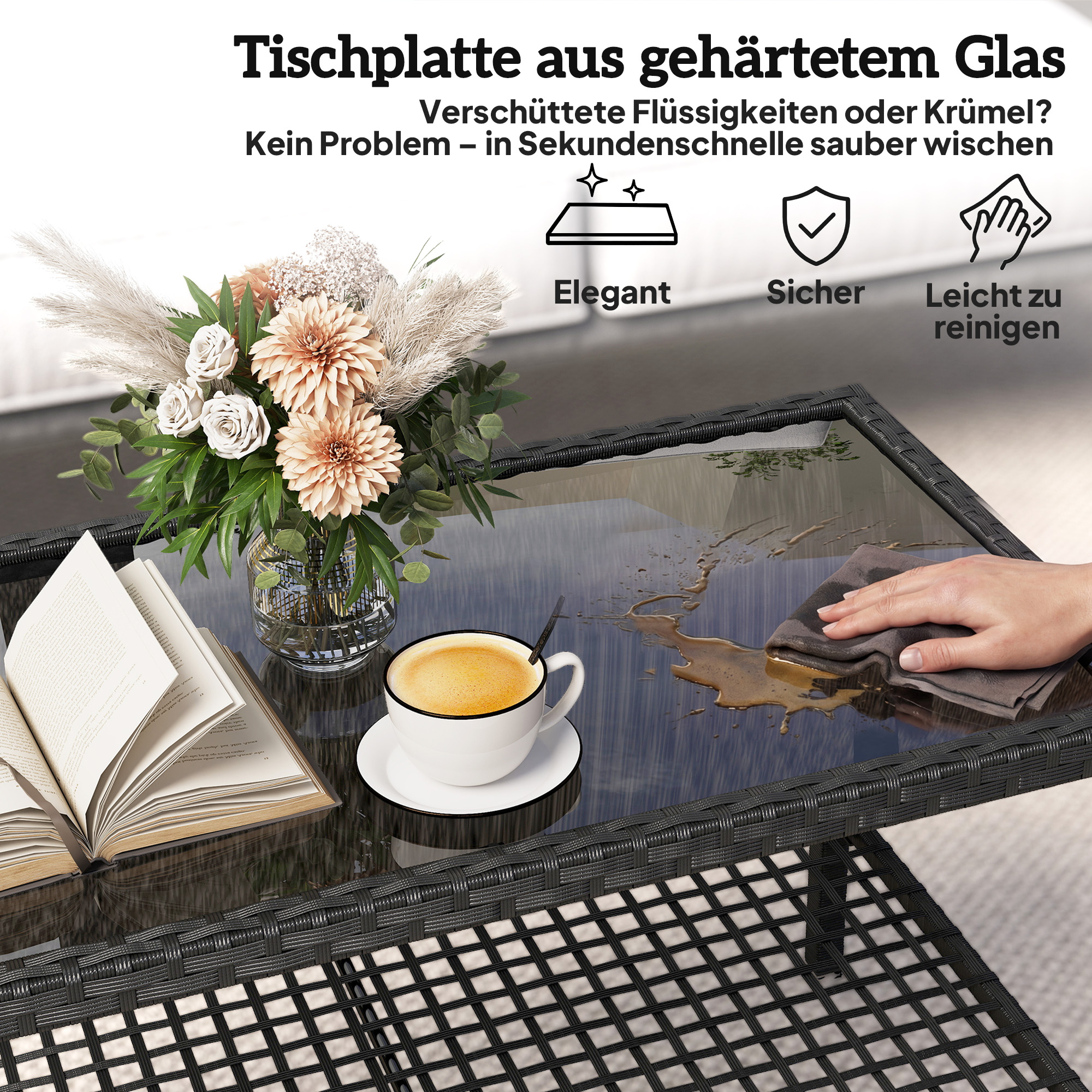 Rattan-Couchtisch, zweistufiger Outdoor-Tisch mit Ablagefach, gehärteter Glasplatte und Stahlrahmen, Schwarz
