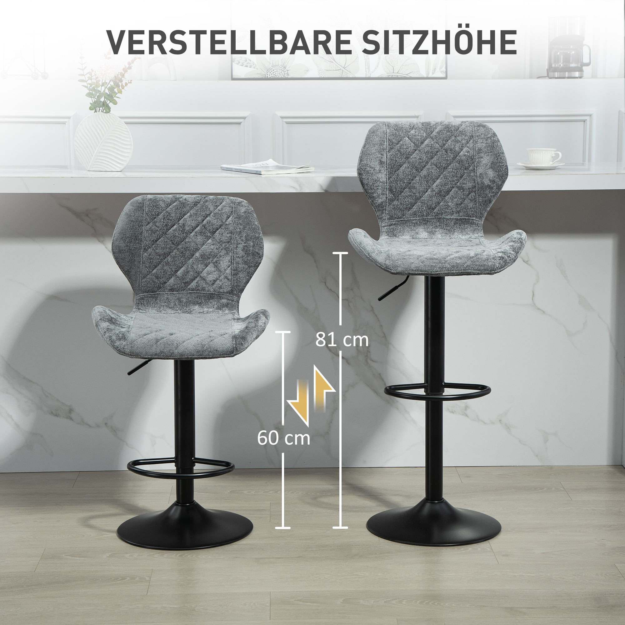 Barstühle im 2er-Set, Höhenverstellbare Küchenhocker mit Rückenlehne, Gaslift, Fußstütze, drehbar, Grau