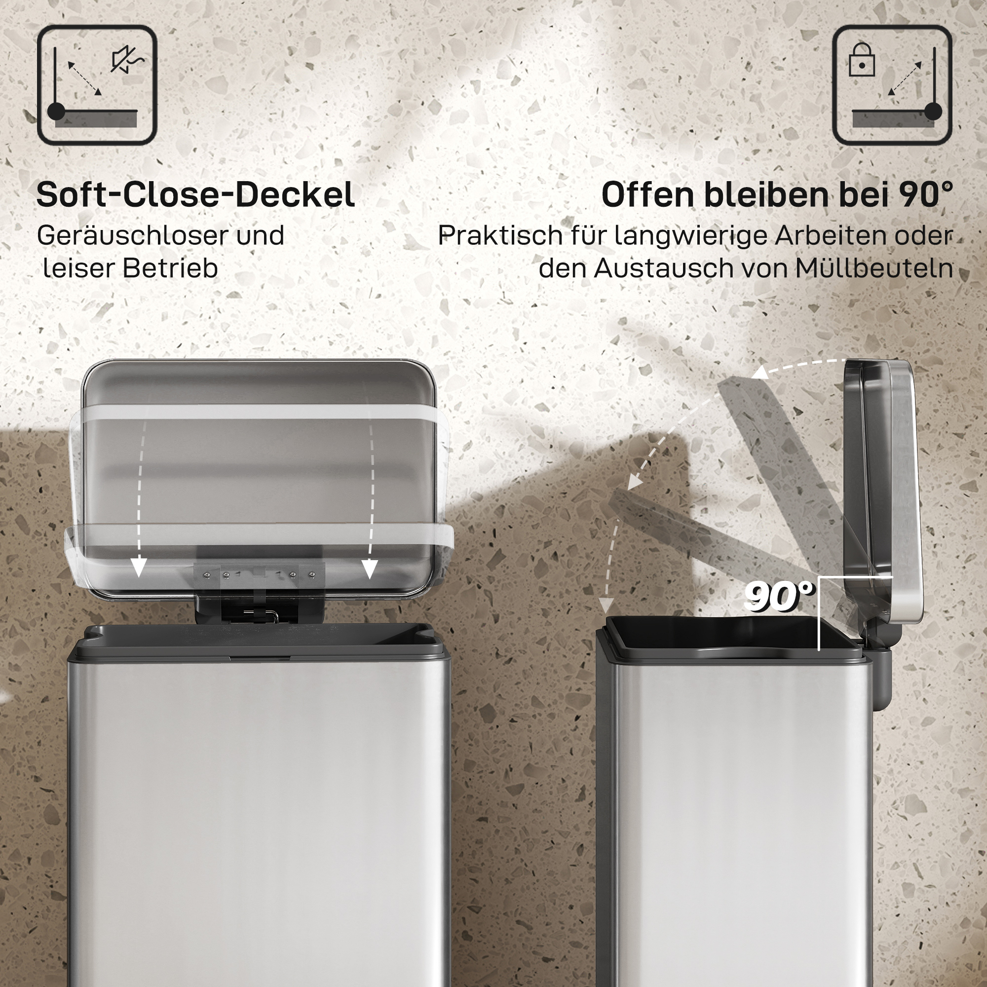 Mülleimer 20L Treteimer mit Softclose-Deckel, Pedal, abnehmbar Inneneimer Silber, 34,2 x 30,6 x 44,2 cm