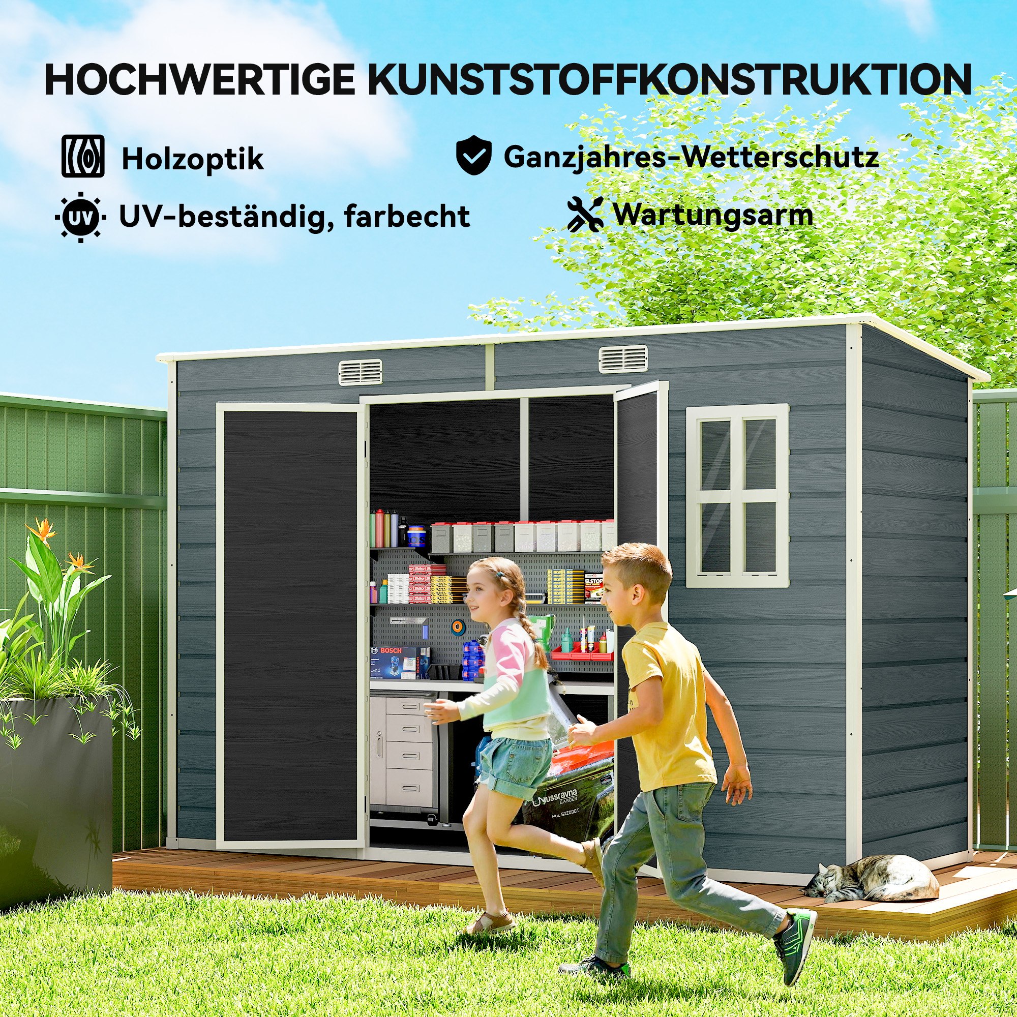 Gerätehaus 3,2m², Geräteschuppen mit Pultdach, 303x123x197cm mit Fenster Abschließbar Tür Belüftungsöffnung Boden