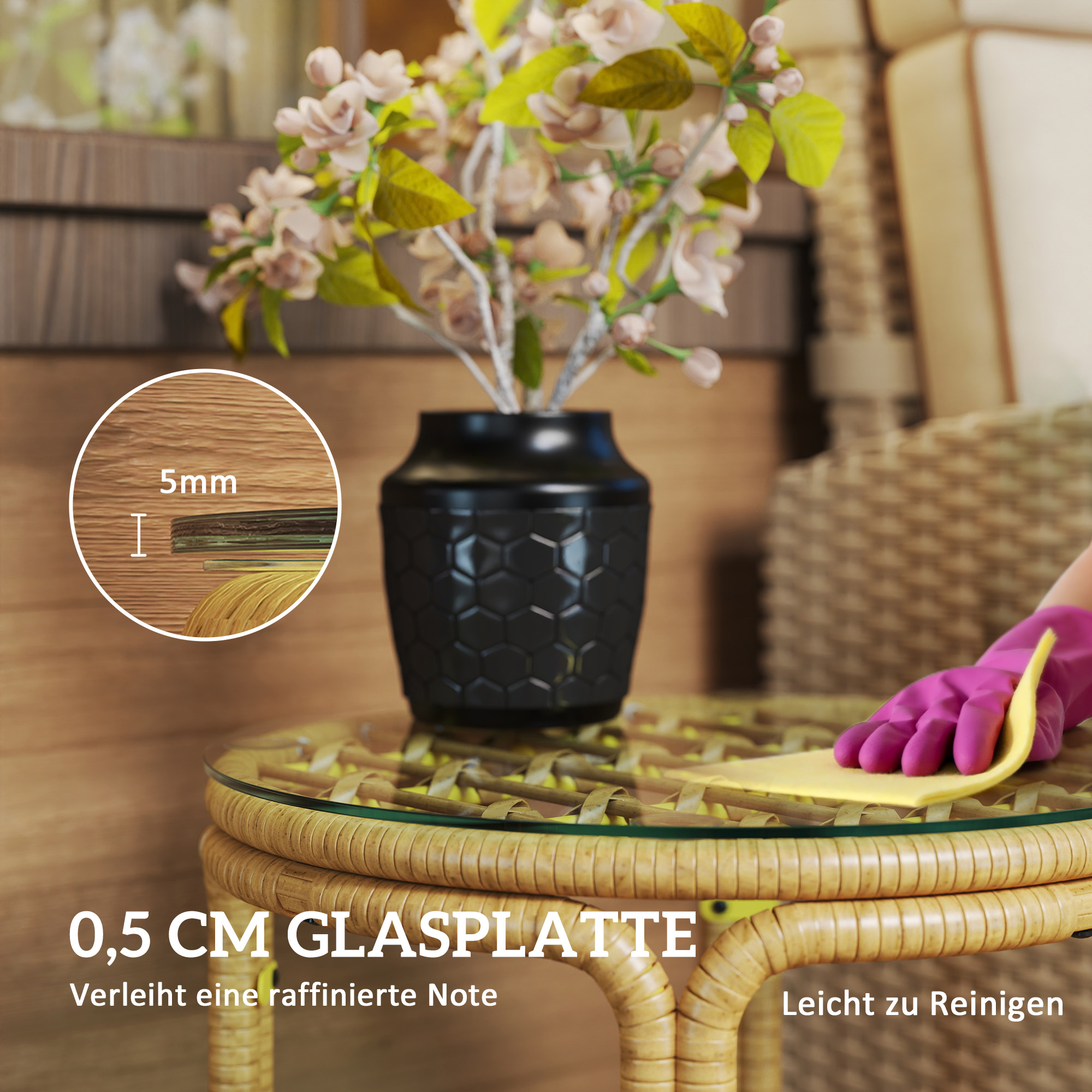 Beistelltisch aus Polyrattan runder Couchtisch mit Glas Tischplatte Nachttisch Ø50 cm Gelb