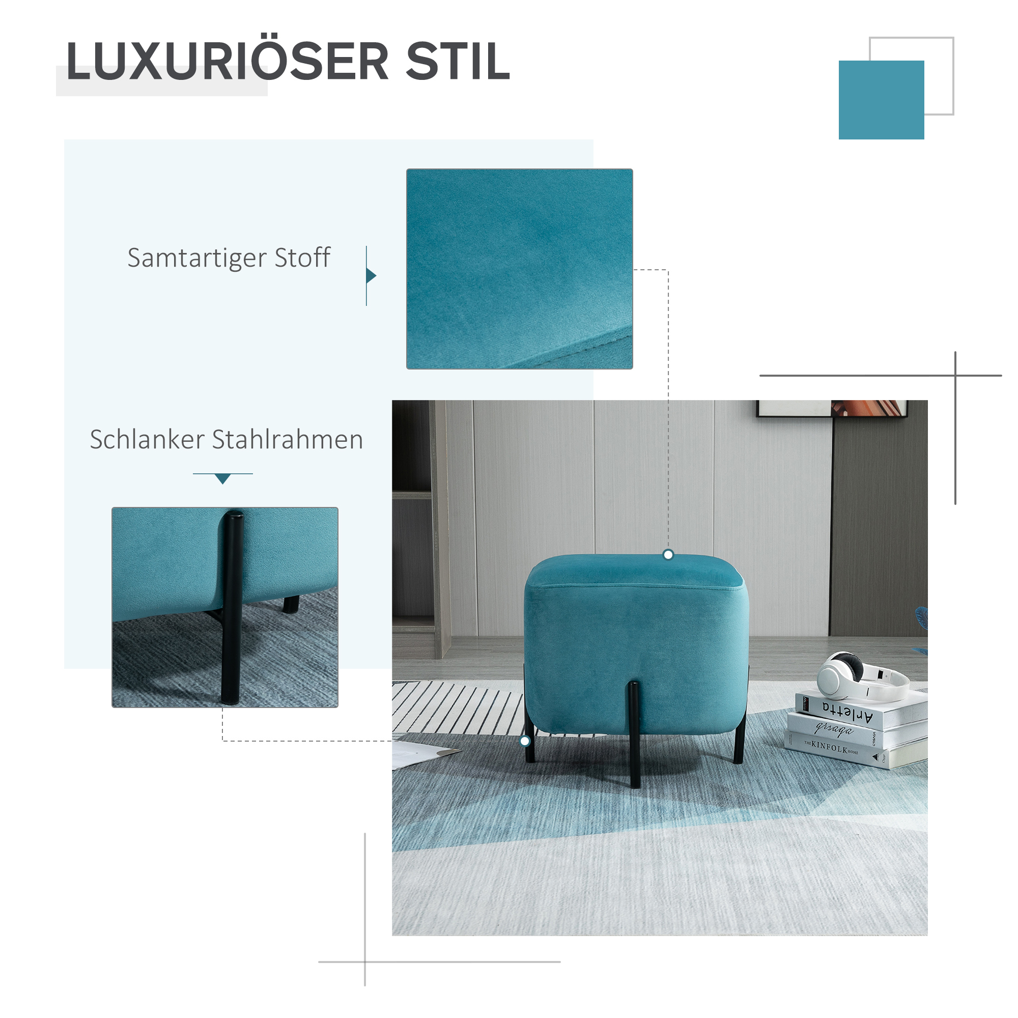 Fußhocker Fußstütze gepolstert Polyester Stahl Schaumstoff Türkis 44,5 x 44,5 x 41,5 cm