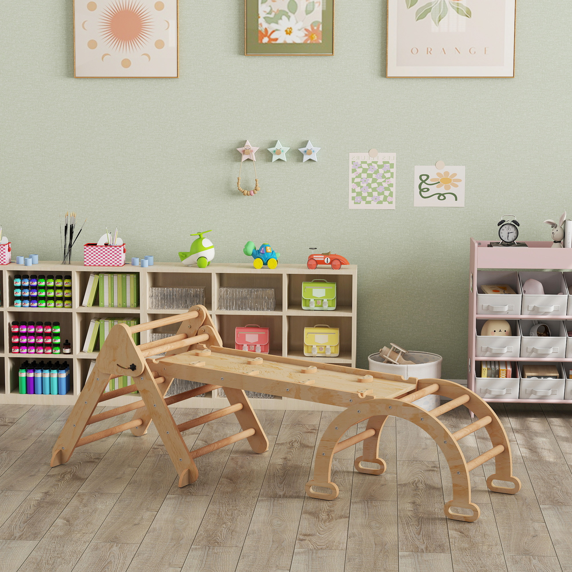 7-in-1 Klettergerüst, Bogenleiter, Dreiecksleiter, Rampe, Kletterwand, Rutsche, für Kinder von 1,5-4 Jahren, zusammenklappbar, Holz