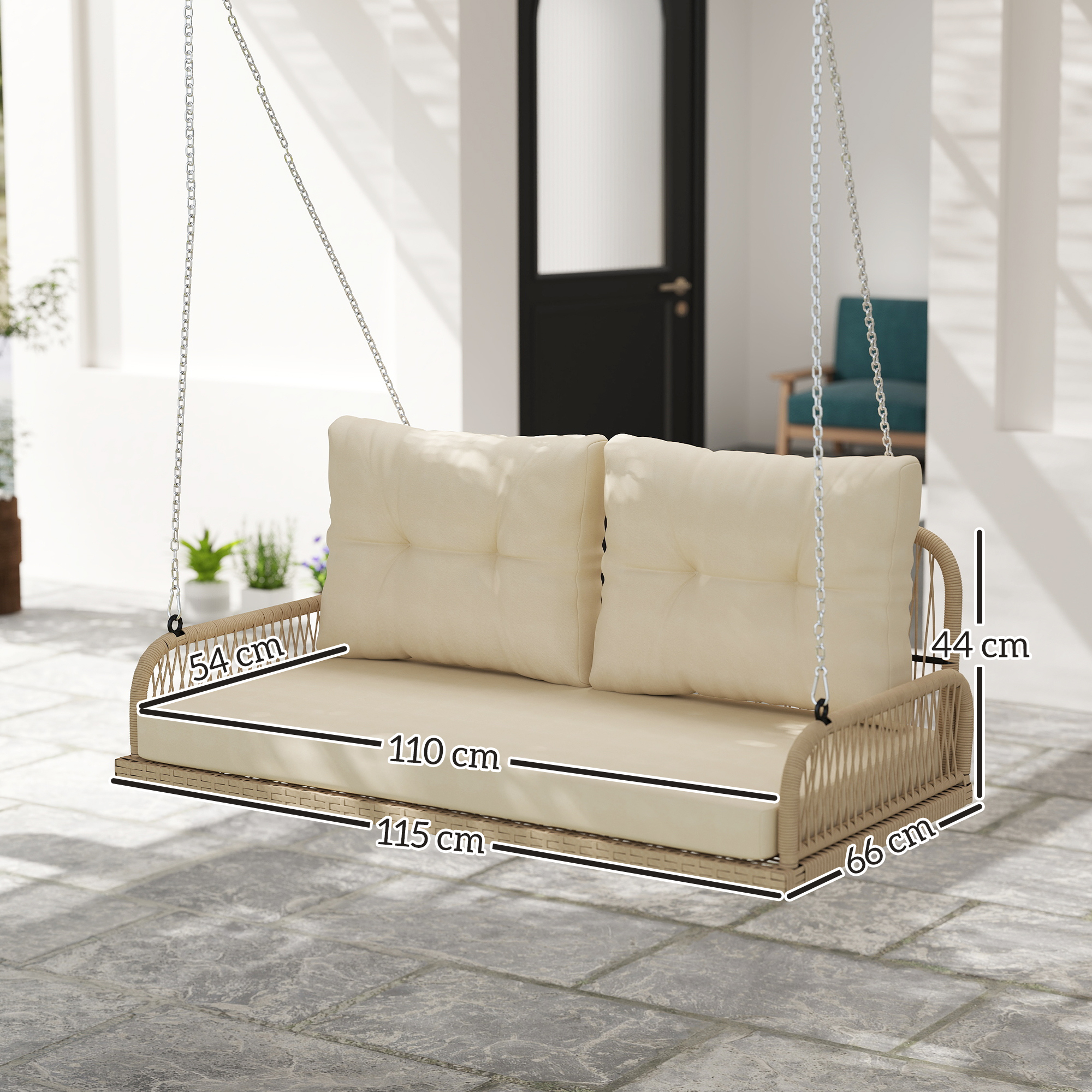 Hollywoodschaukel 2-Sitzer Rattan Gartenschaukel mit Kissen Ketten bis 240 kg 115 x 66 x 44 cm Beige