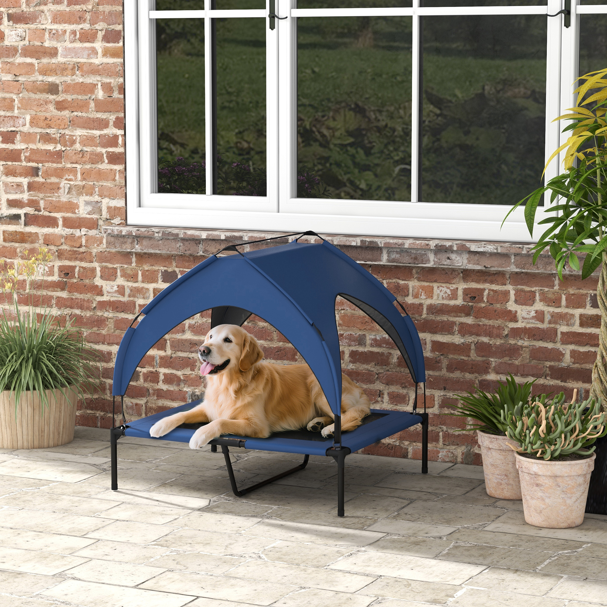 Hundebett mit Dach, atmungsaktiv, wasserabweisend, bis 30 kg, 91 x 76 x 89 cm, Dunkelblau