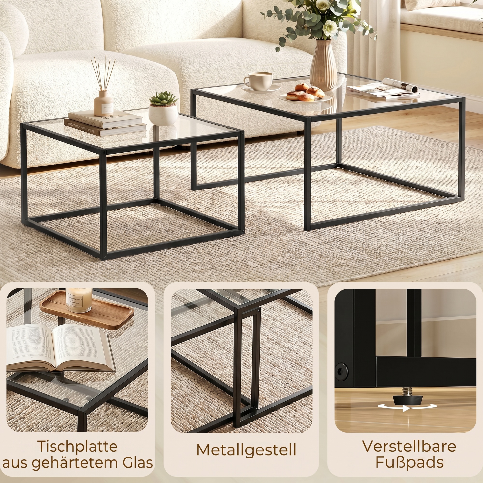 Couchtische 2er-Set Satztisch mit gehärteter Glasplatte und Metallrahmen, für Wohnzimmer Schwarz