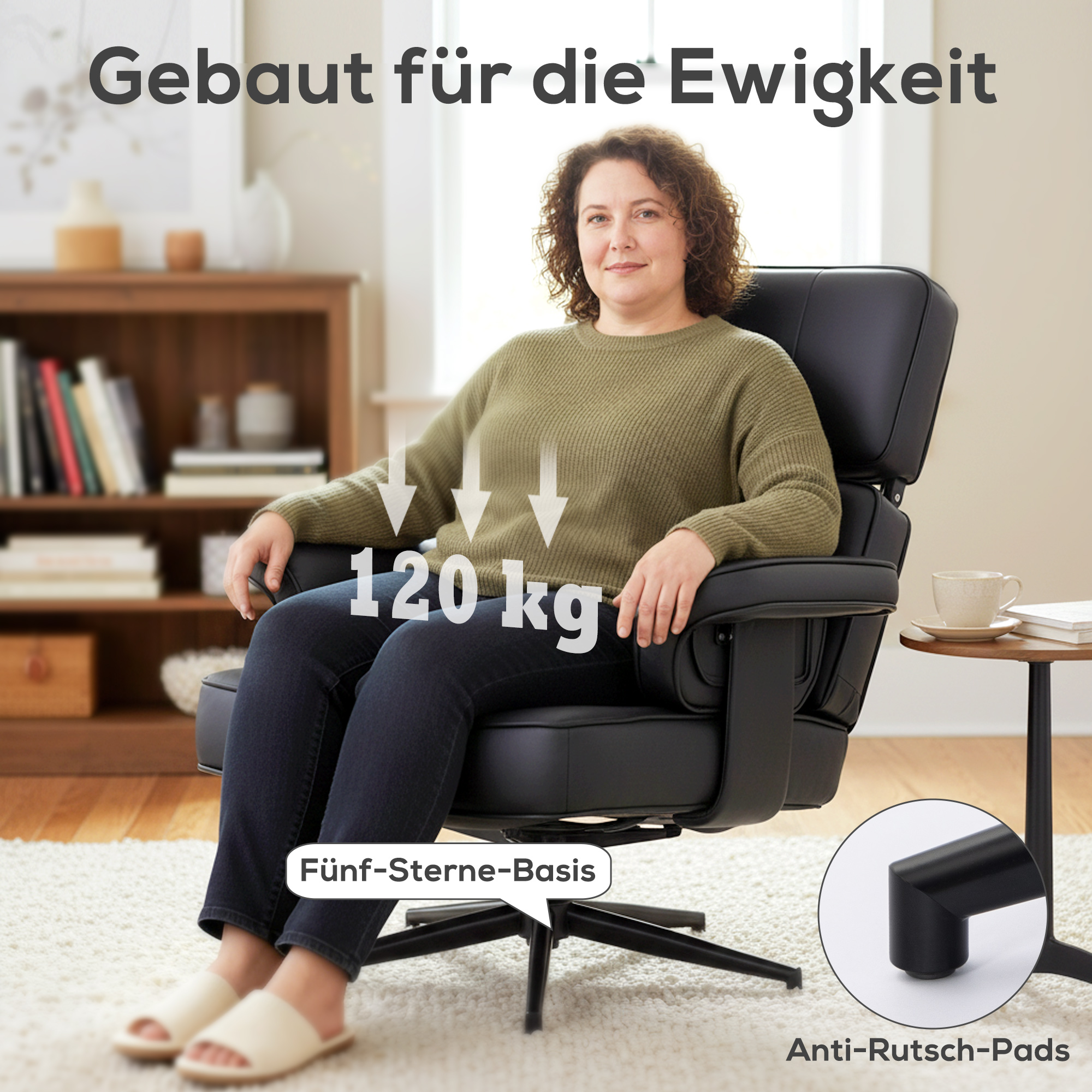 Verstellbarer Liegesessel mit Fußhocker, Kunstleder-Bezug, höhenverstellbare Kopfstütze, Metallbasis, Schwarz