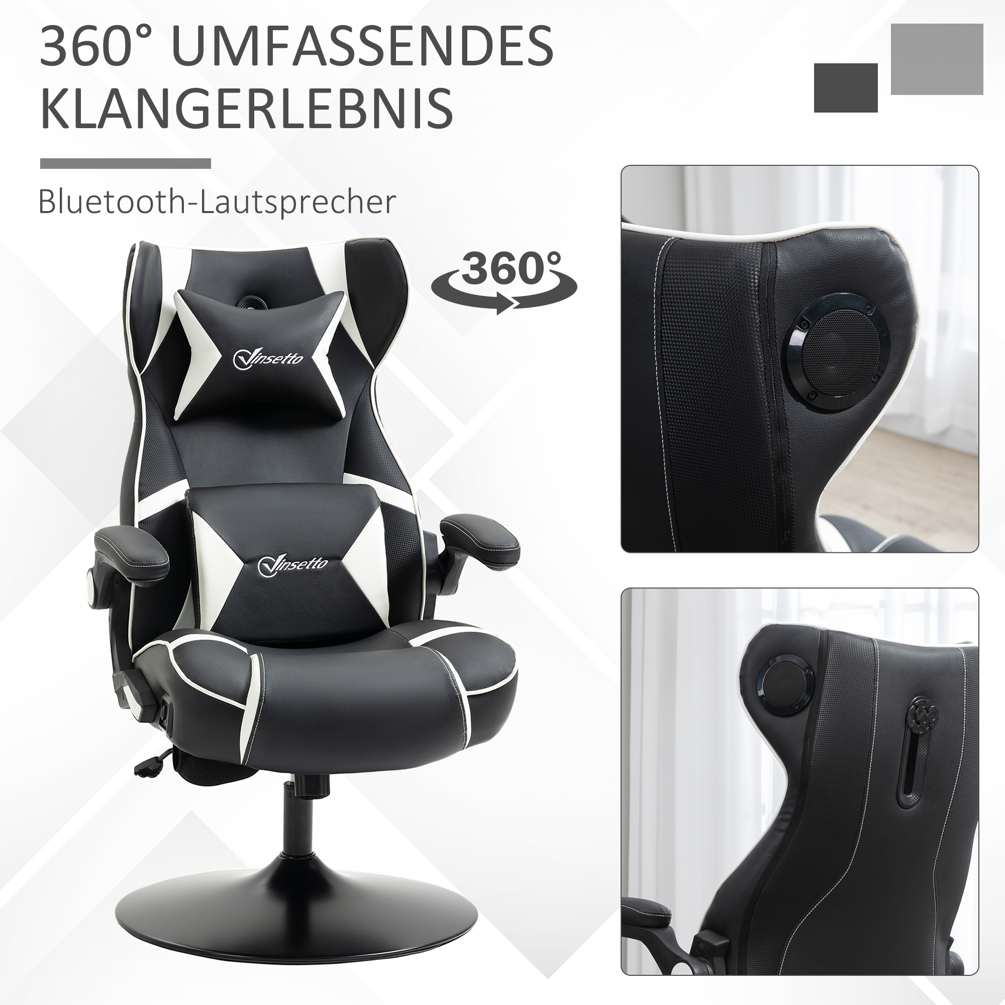 Gamingsessel, Gamingstuhl, integrierte Lautsprecher, neigbare Rücklehne, schwarz+weiß, 69 x 73 x 118cm