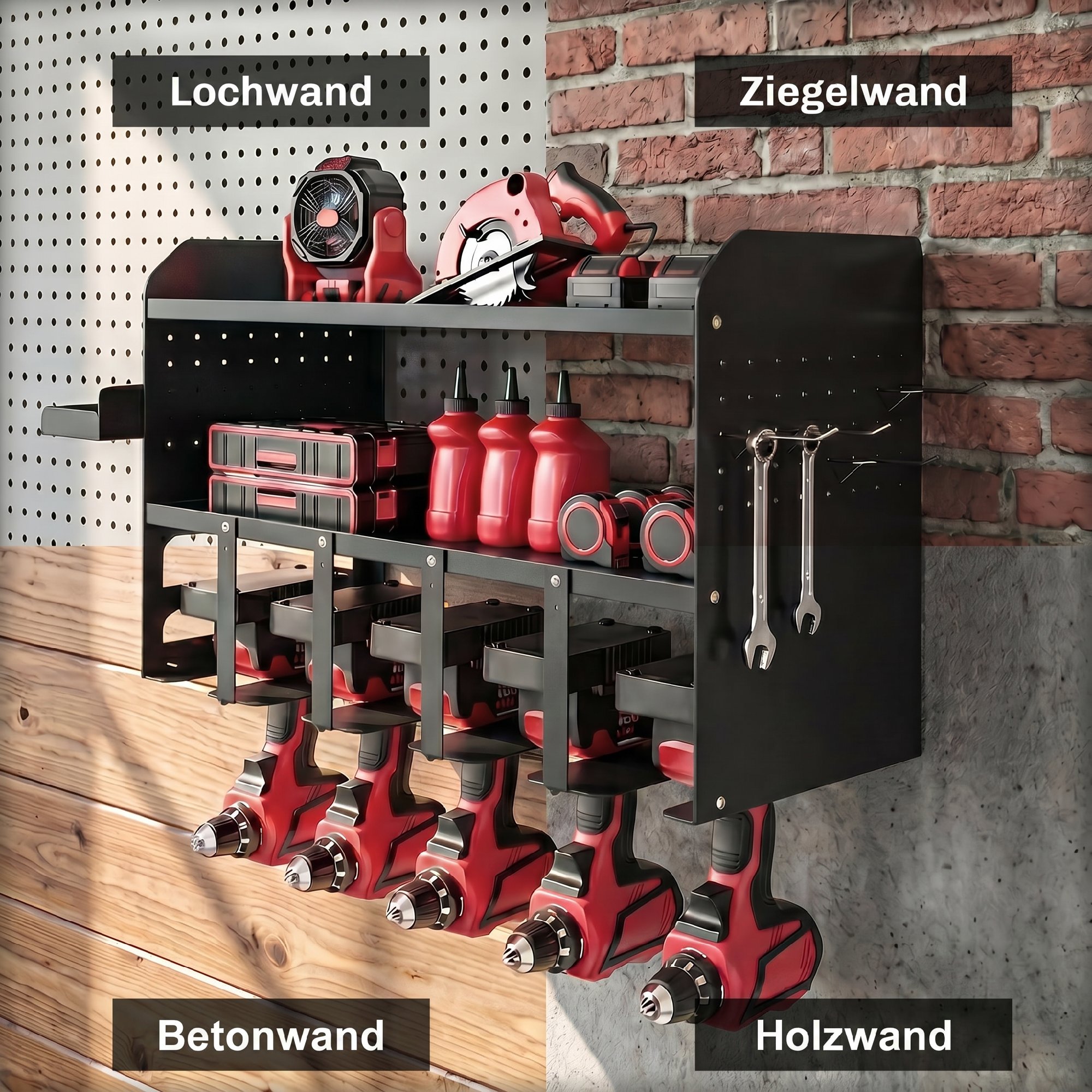 Gartenwerkzeug-Organizer 2-stufig Gartengeräte Ständer mit Haken Seitenfach bis 50 kg 61,8 x 23 x 32,7cm Schwarz